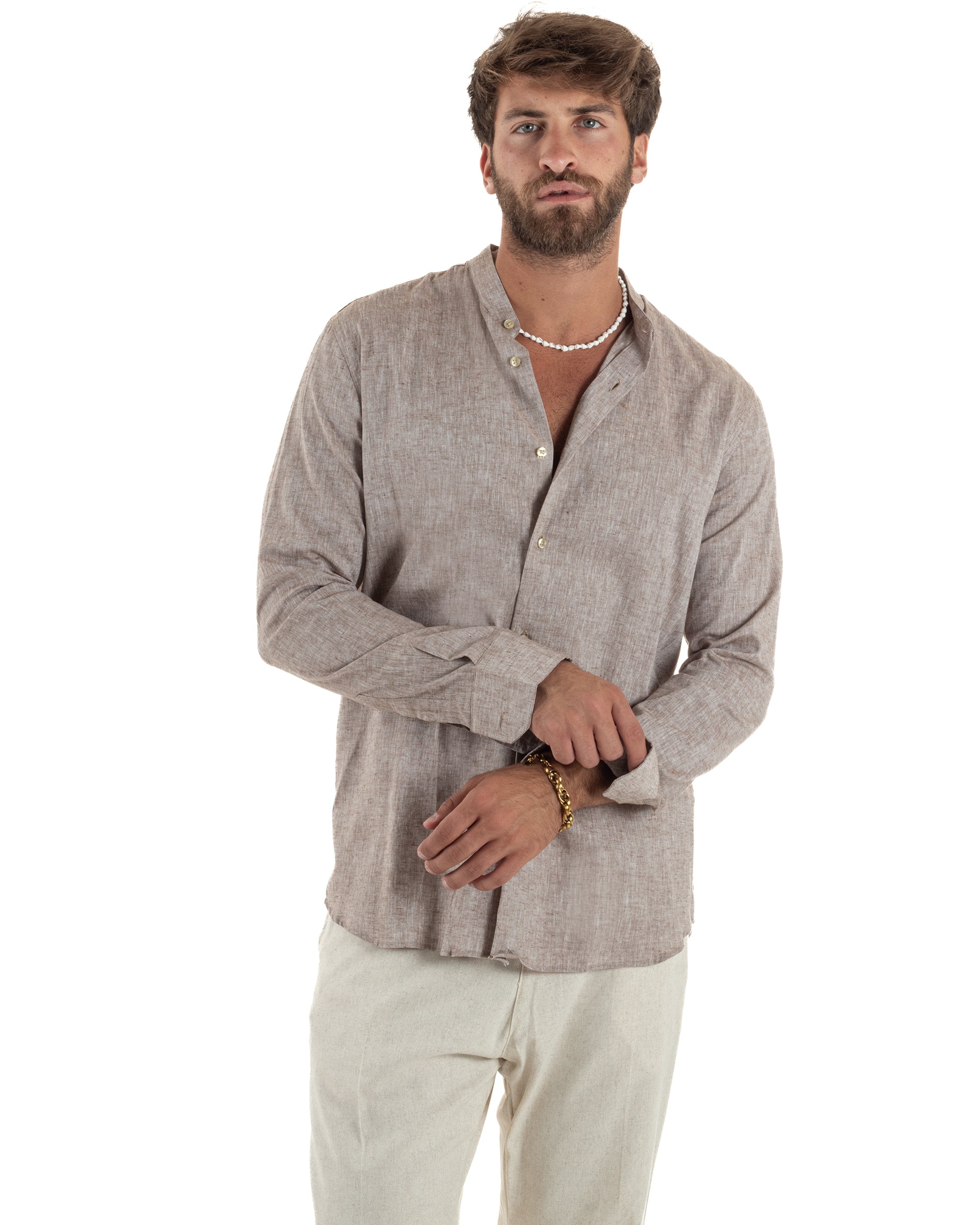 Camicia Lino Melangiata Collo Coreano Sartoriale C3001A