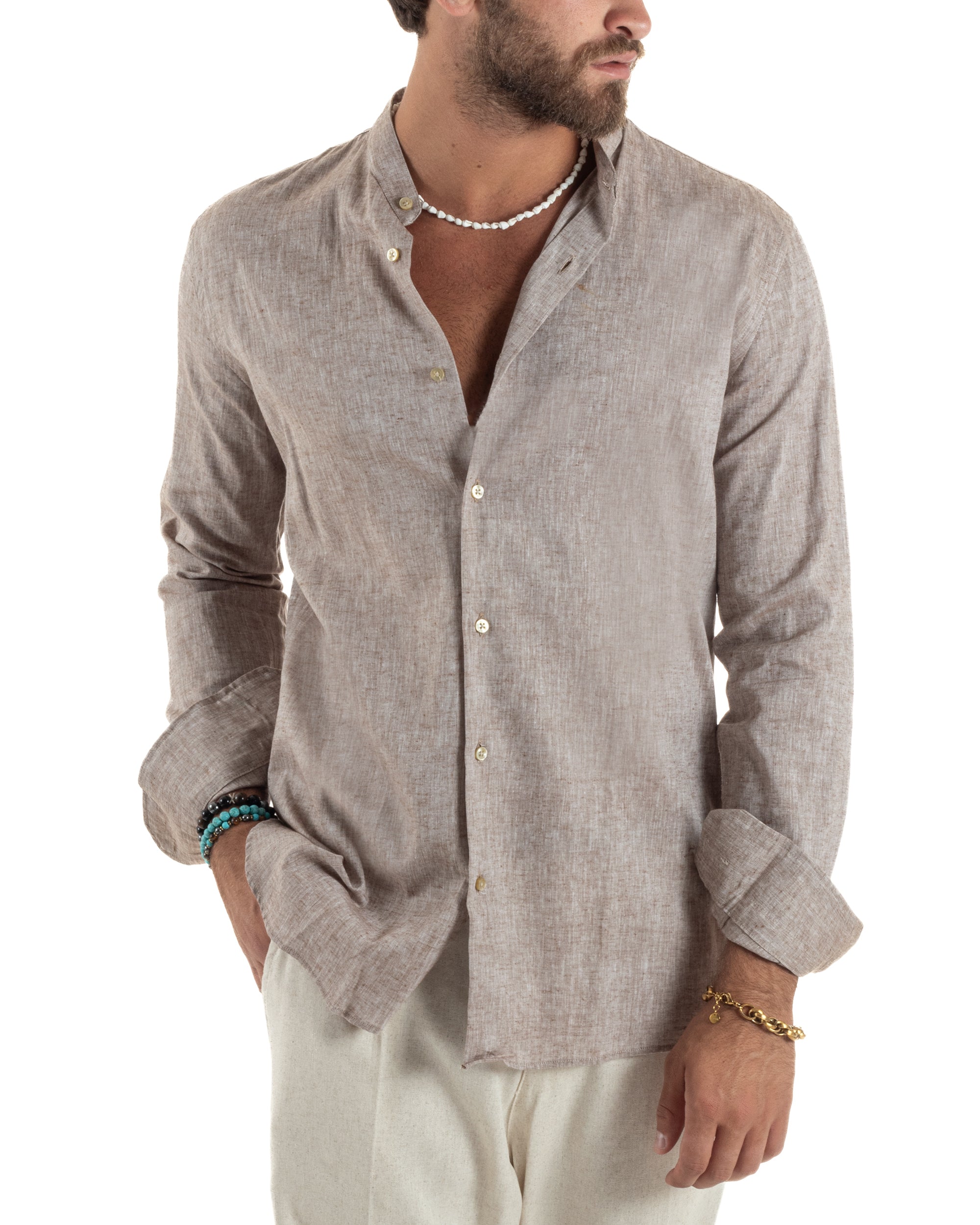 Camicia Lino Melangiata Collo Coreano Sartoriale C3001A