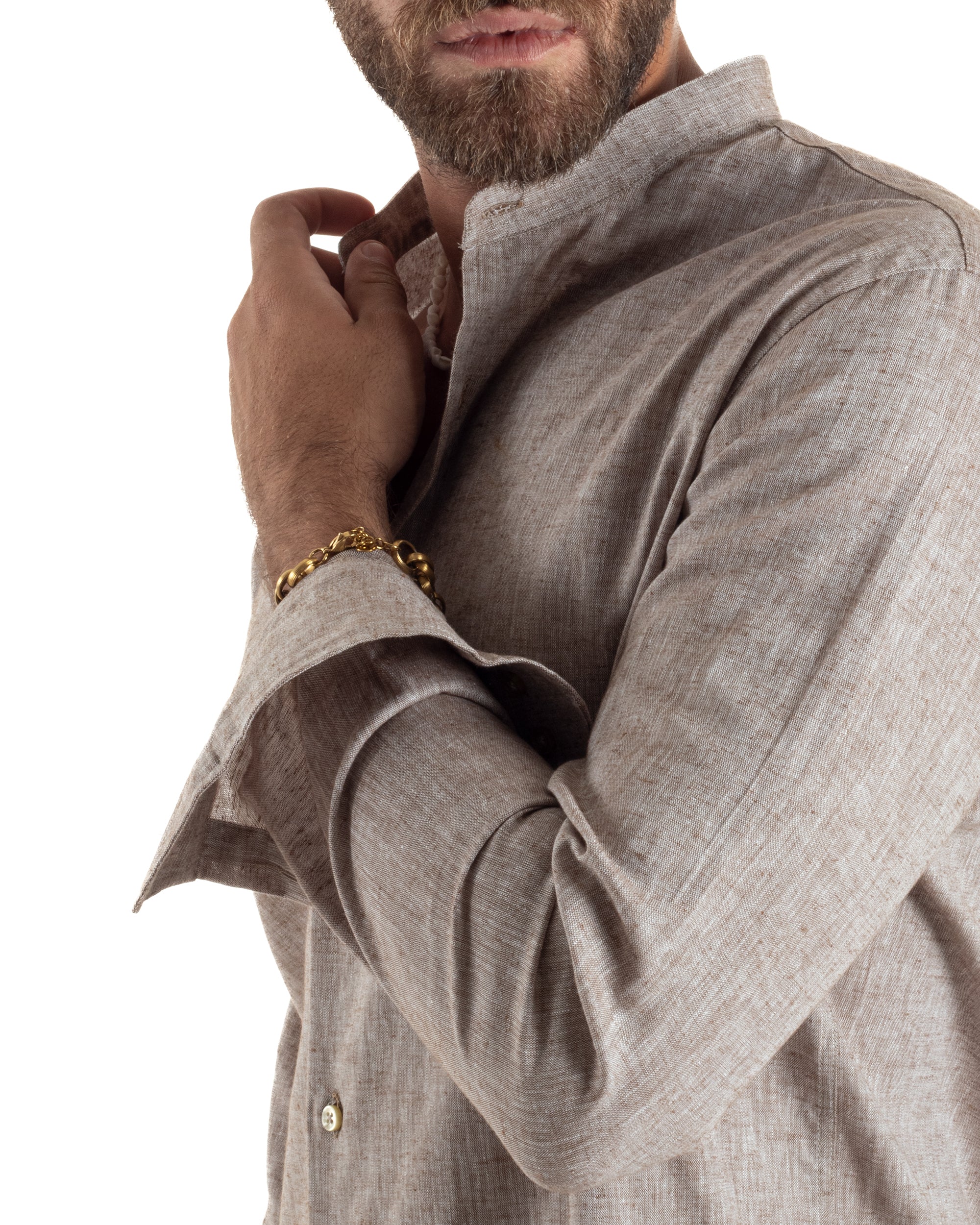 Camicia Lino Melangiata Collo Coreano Sartoriale C3001A