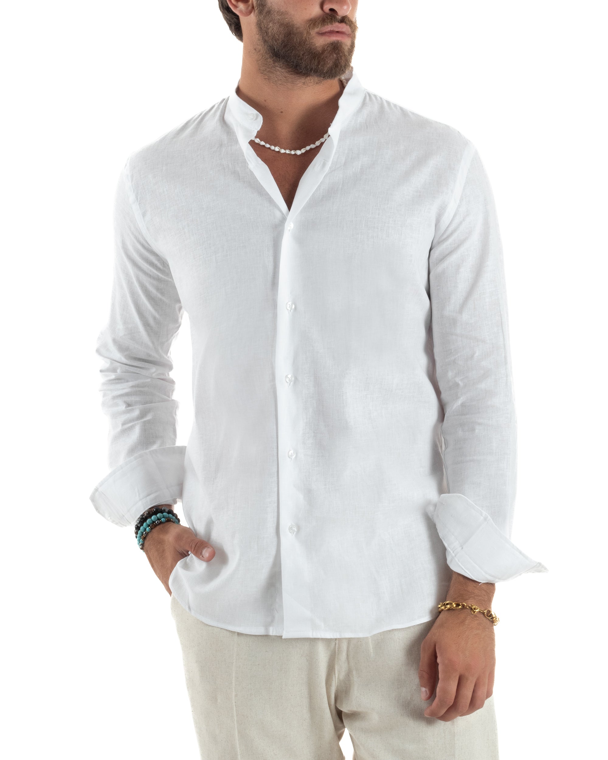 Camicia Lino Melangiata Collo Coreano Sartoriale C3002A