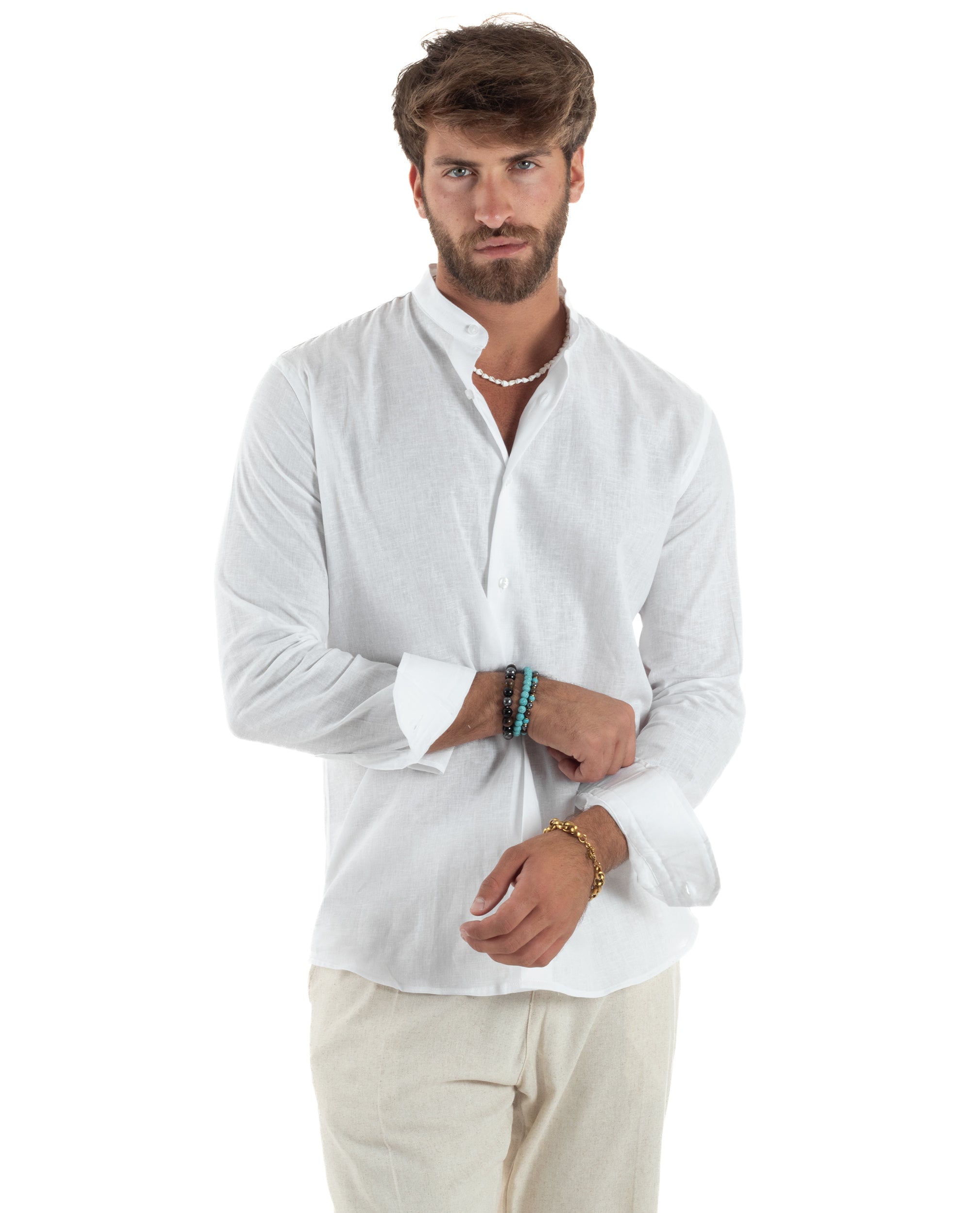 Camicia Lino Melangiata Collo Coreano Sartoriale C3002A