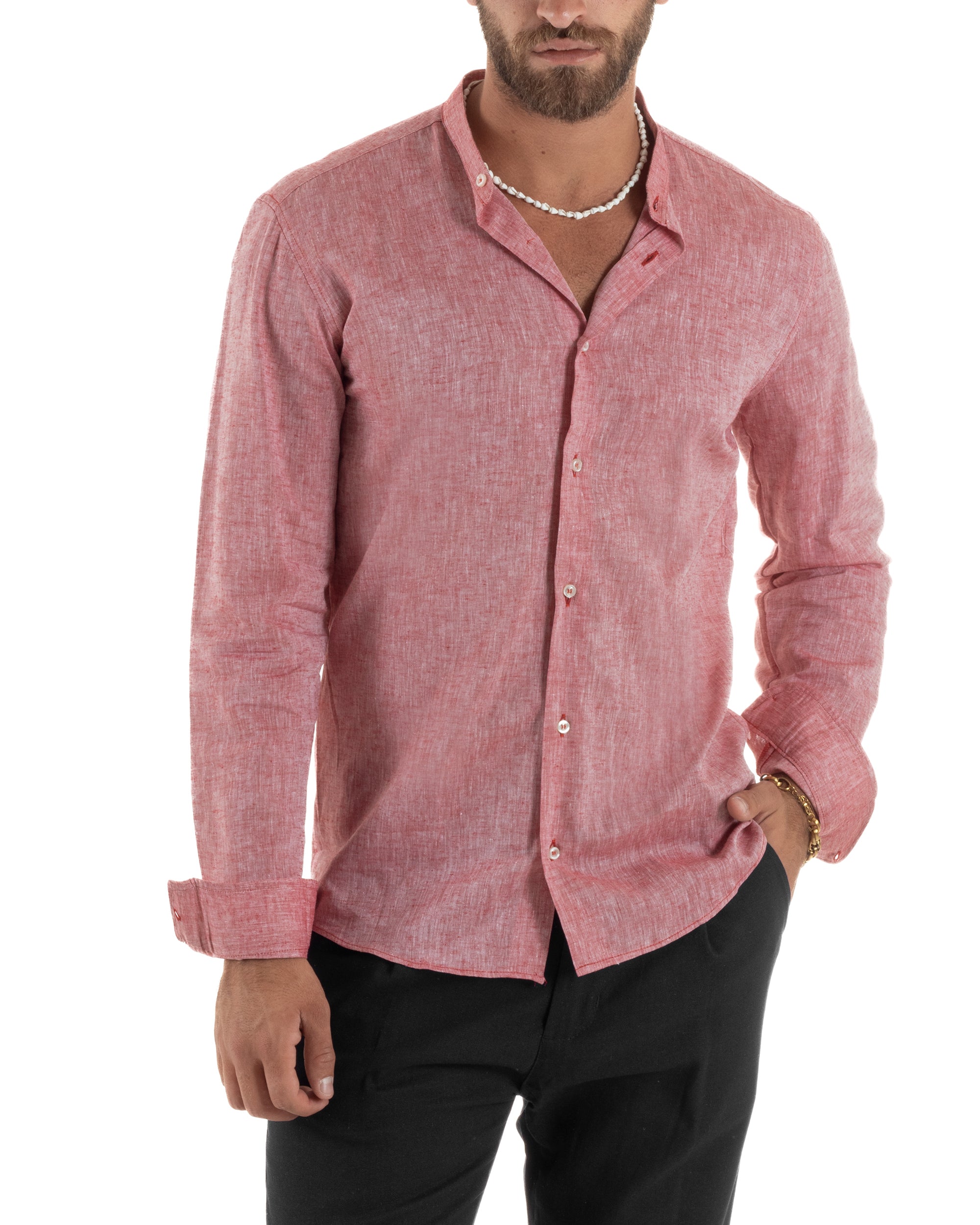 Camicia Lino Melangiata Collo Coreano Sartoriale C3003A