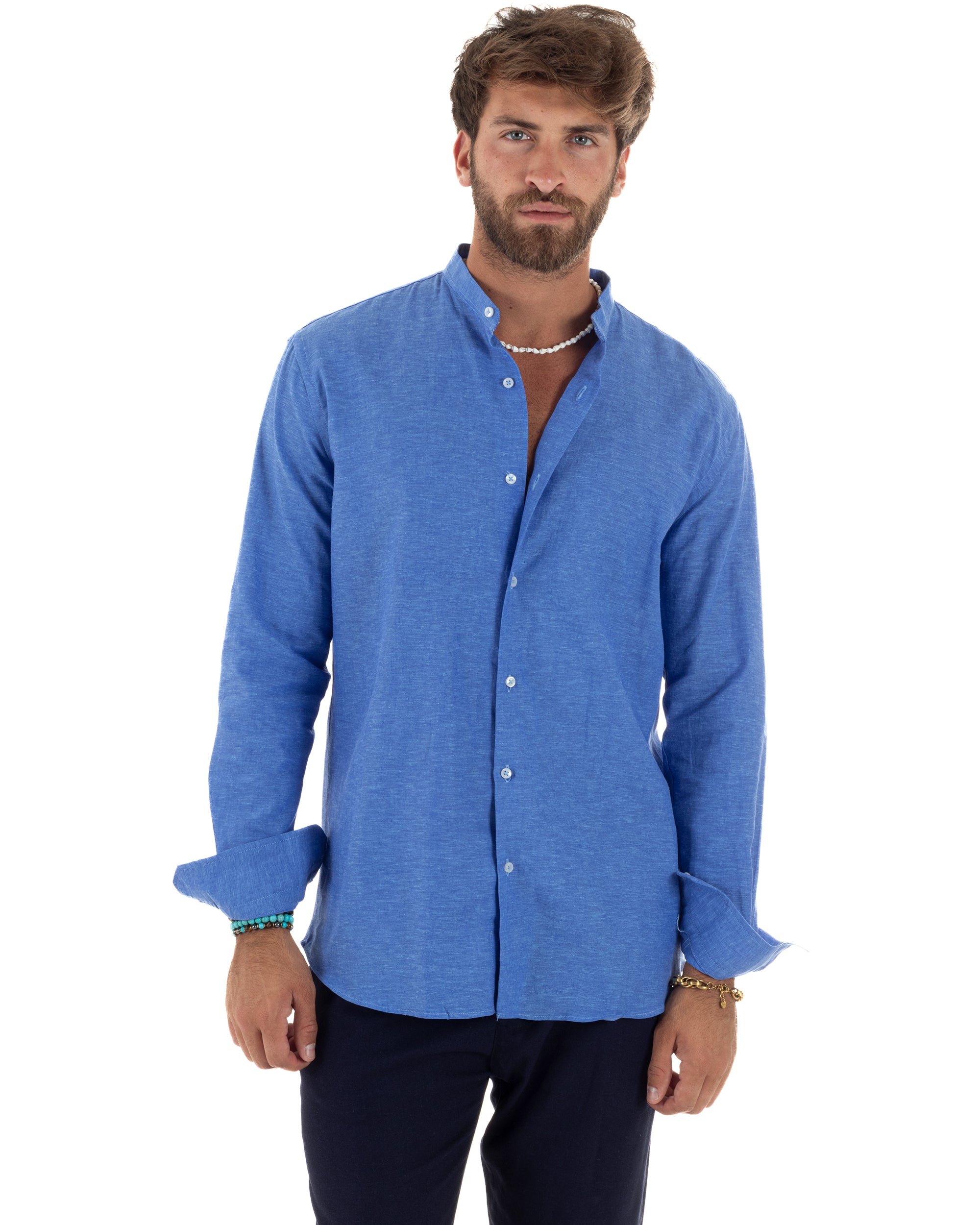 Camicia Lino Melangiata Collo Coreano Sartoriale C3004A