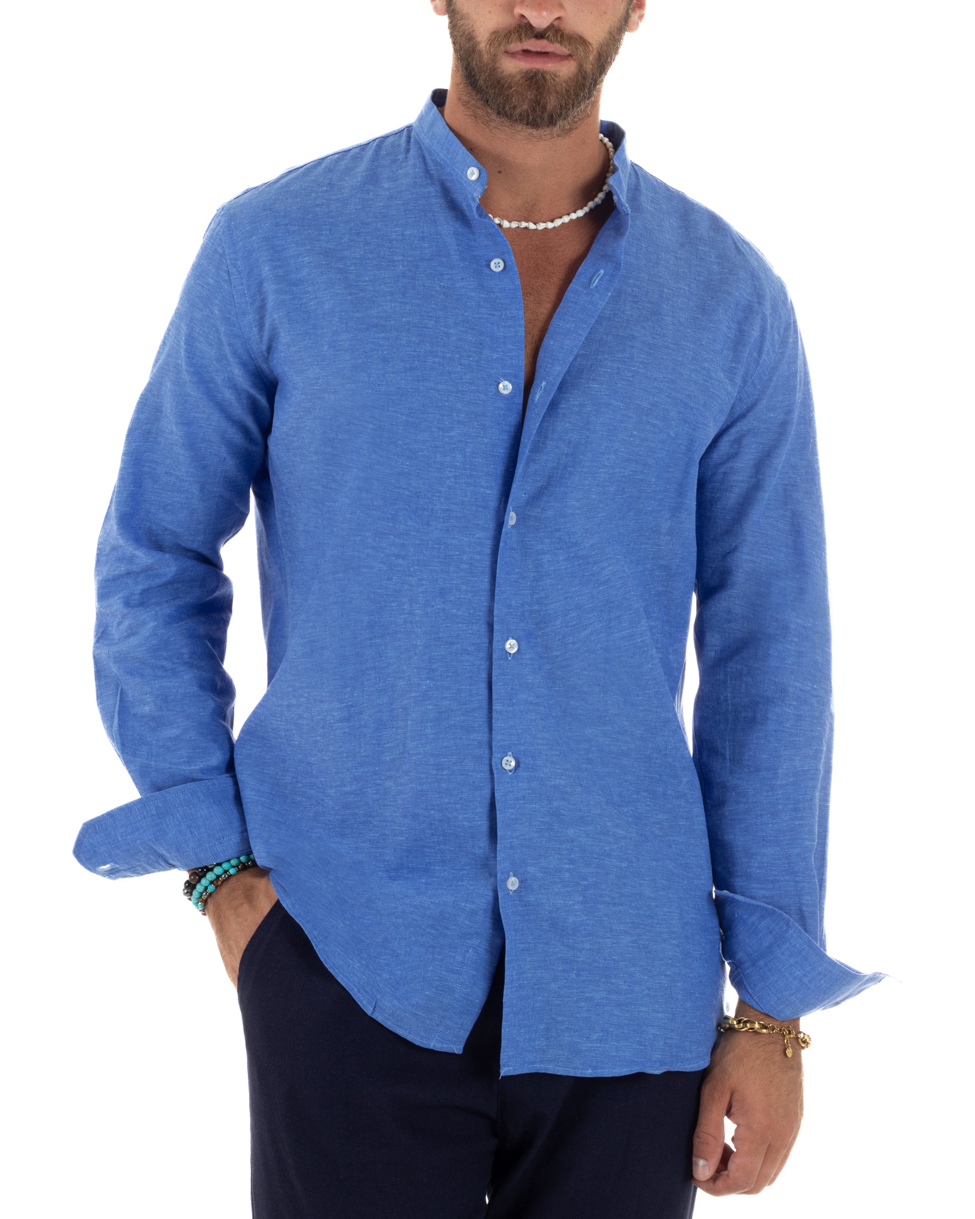Camicia Lino Melangiata Collo Coreano Sartoriale C3004A