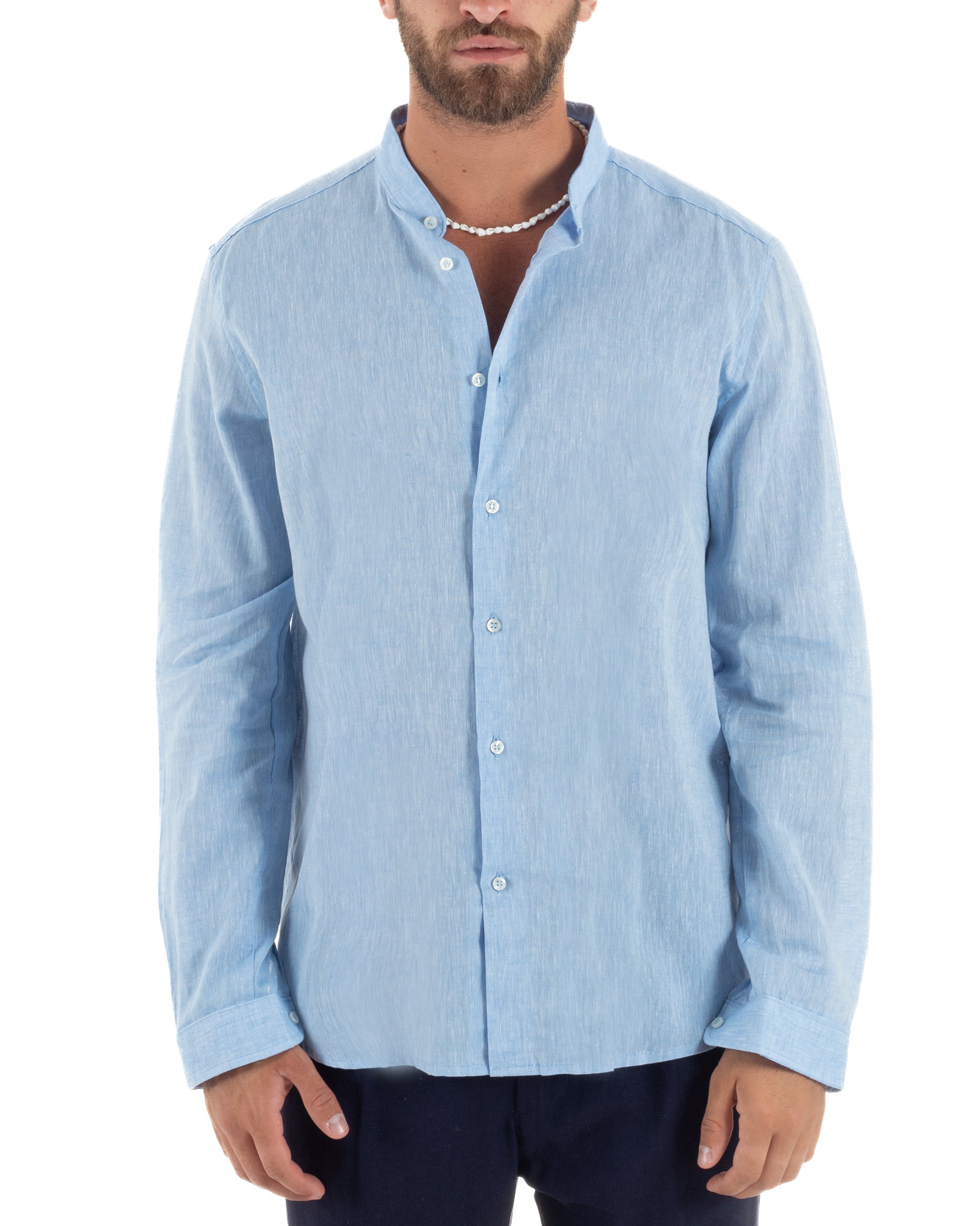 Camicia Uomo Lino Sartoriale Collo Coreano Melangiata Celeste C3005A