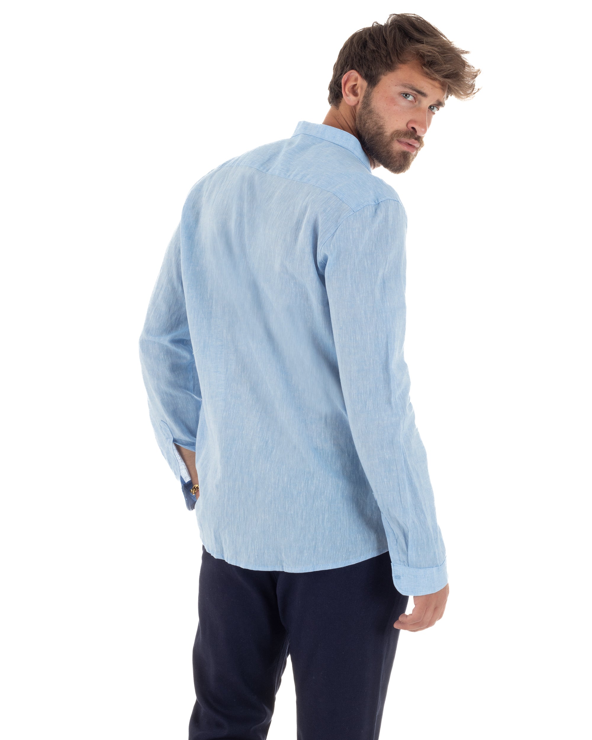 Camicia Uomo Lino Sartoriale Collo Coreano Melangiata Celeste C3005A