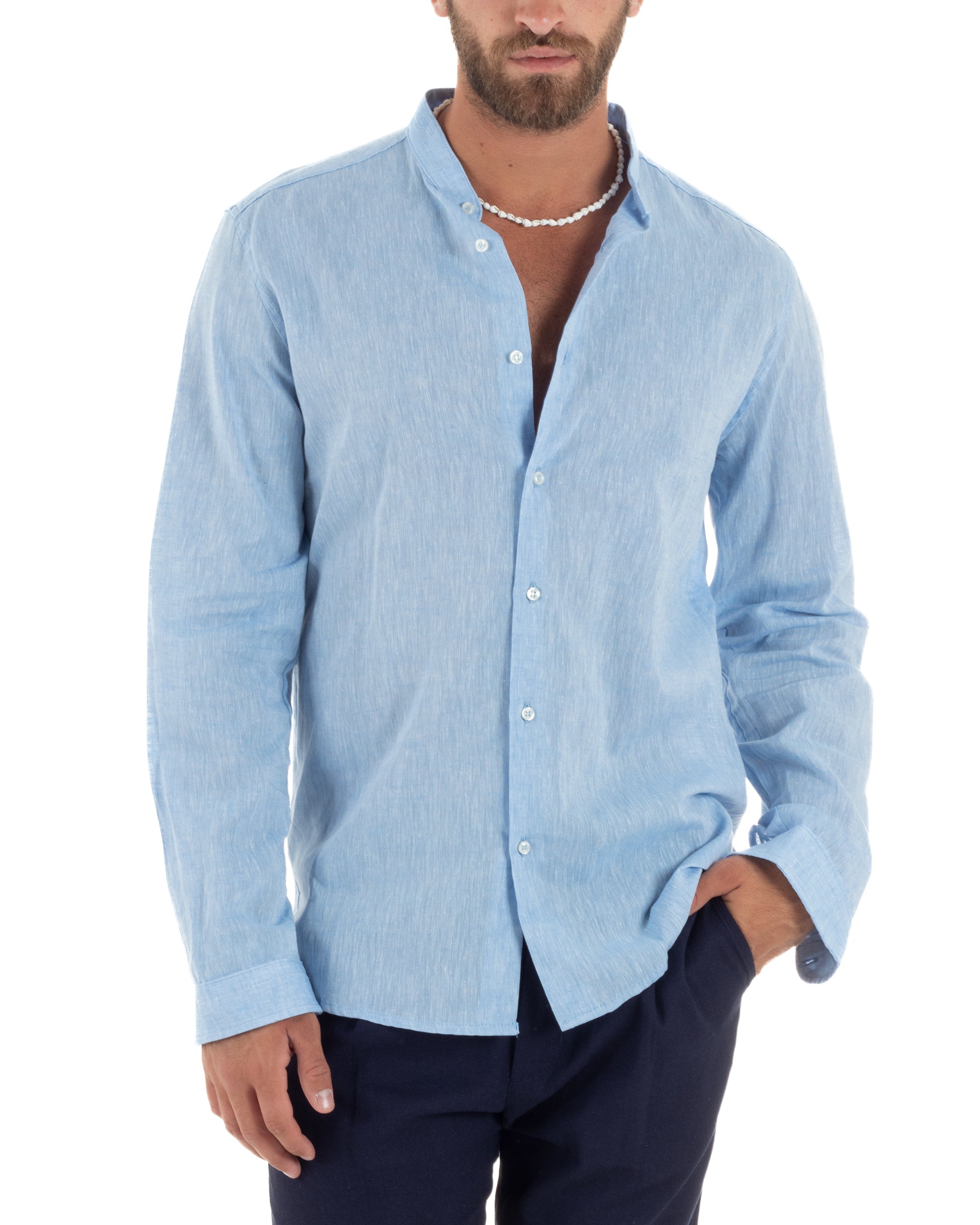 Camicia Uomo Lino Sartoriale Collo Coreano Melangiata Celeste C3005A