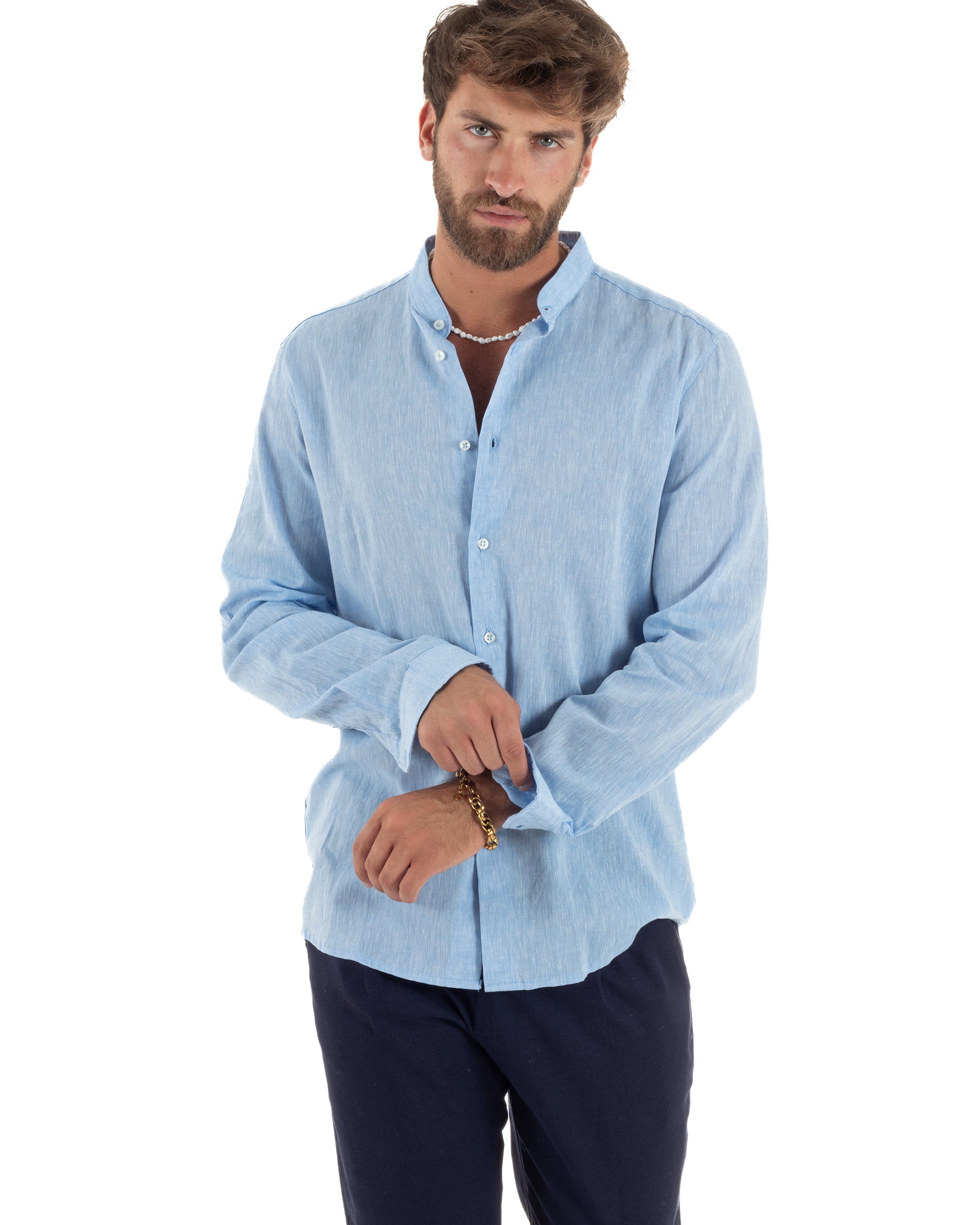 Camicia Uomo Lino Sartoriale Collo Coreano Melangiata Celeste C3005A