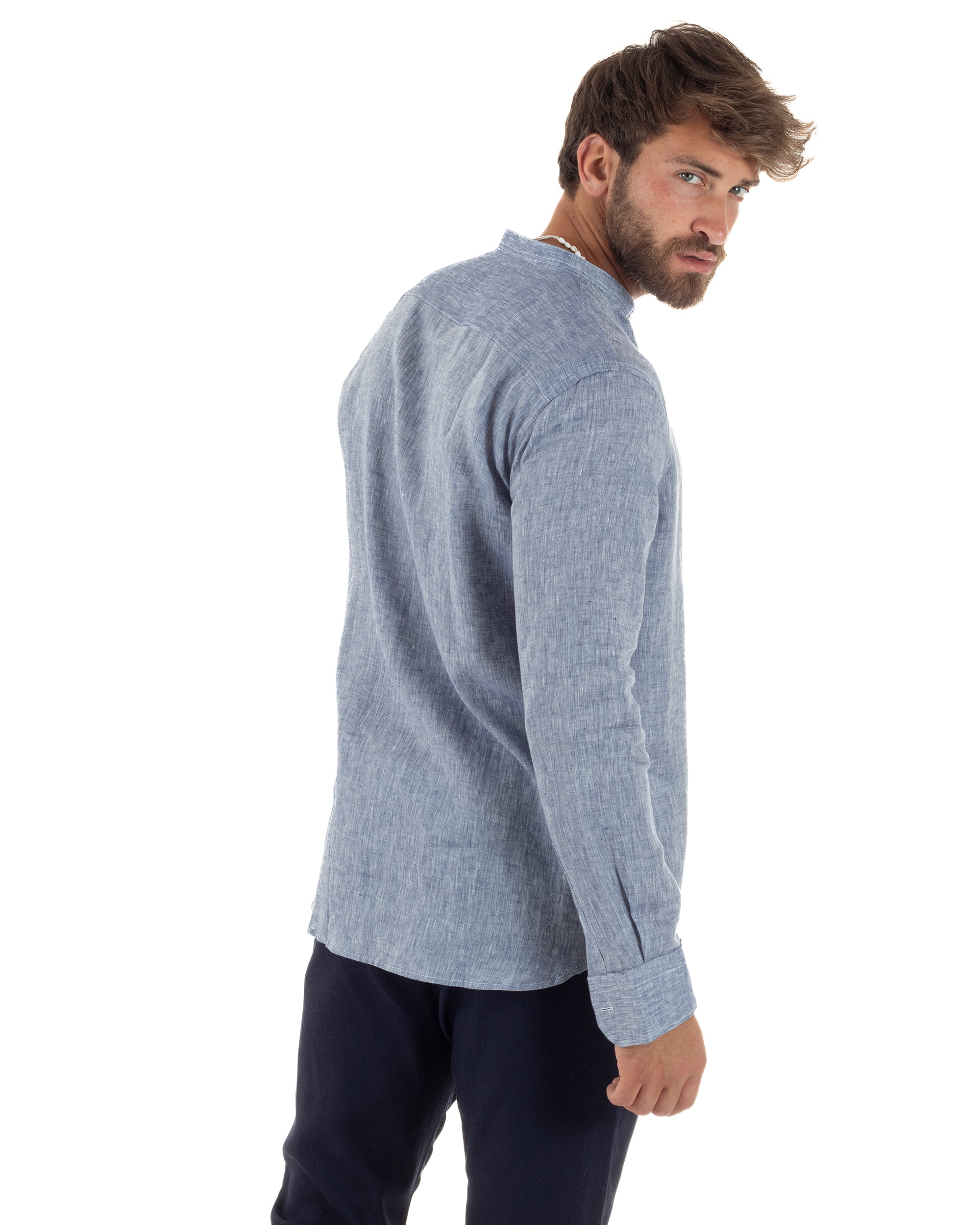 Camicia Uomo Lino Sartoriale Collo Coreano Melangiata Denim C3006A