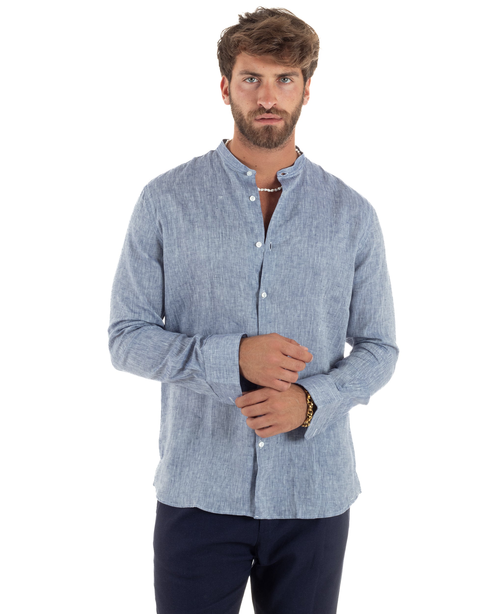 Camicia Uomo Lino Sartoriale Collo Coreano Melangiata Denim C3006A