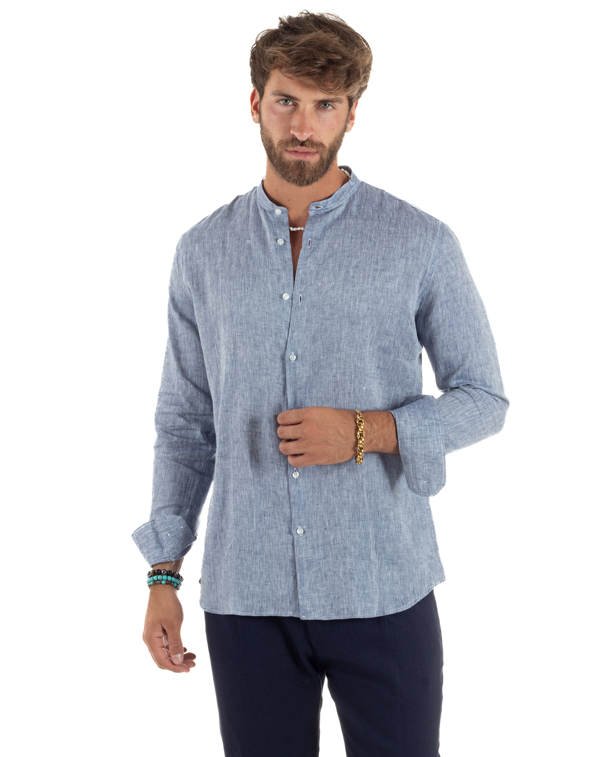 Camicia Uomo Lino Sartoriale Collo Coreano Melangiata Denim C3006A