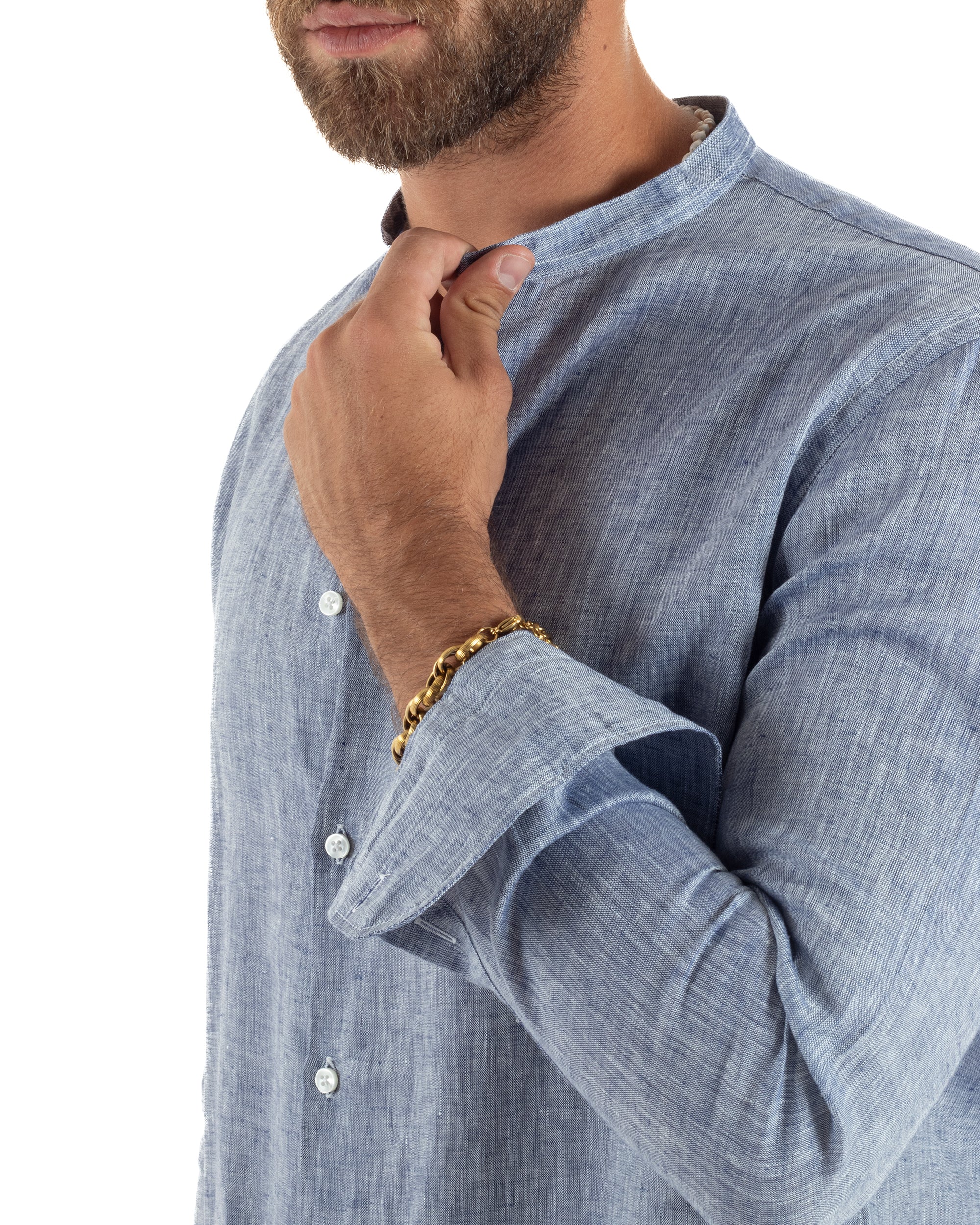 Camicia Uomo Lino Sartoriale Collo Coreano Melangiata Denim C3006A