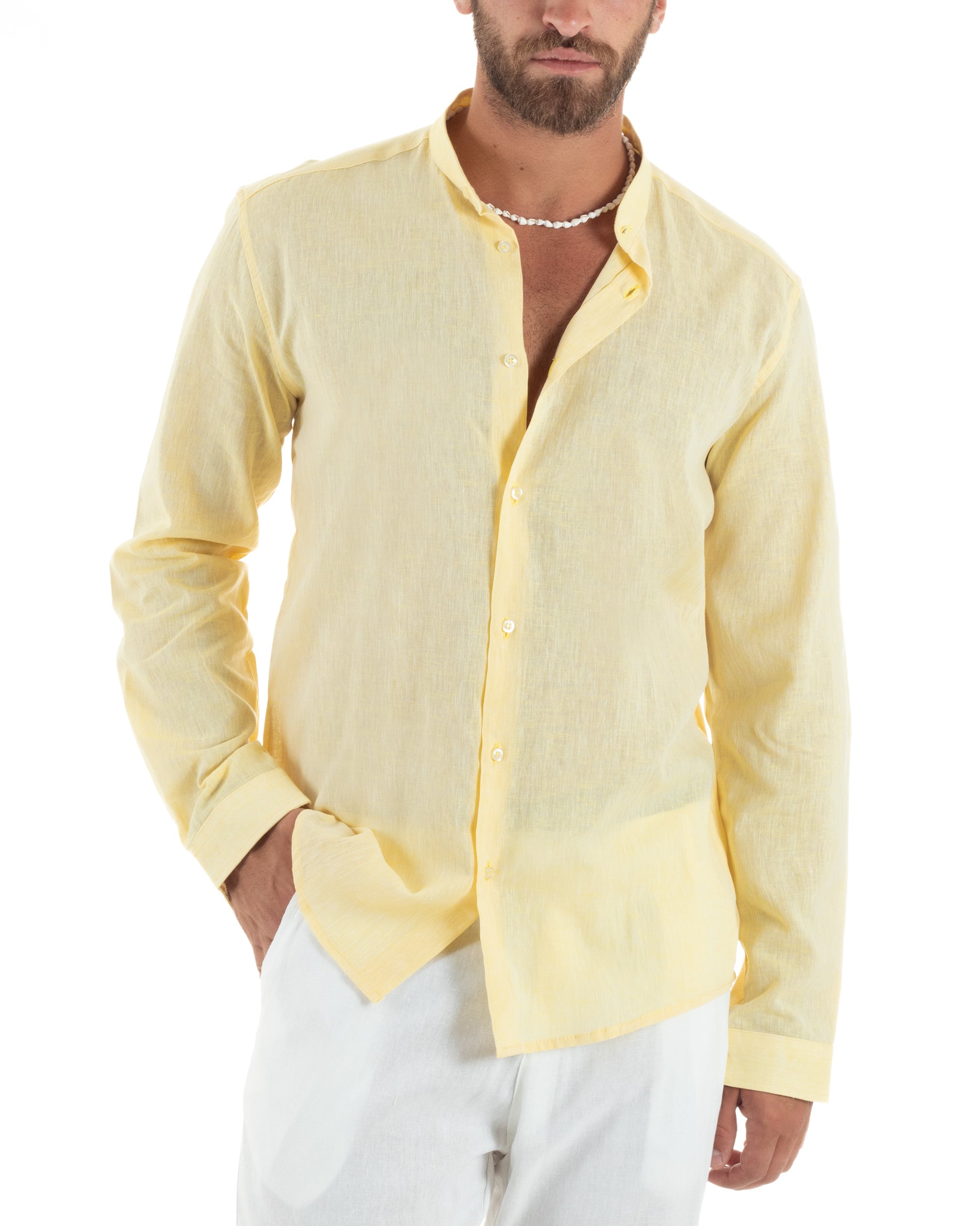 Camicia Lino Melangiata Collo Coreano Sartoriale C3007A
