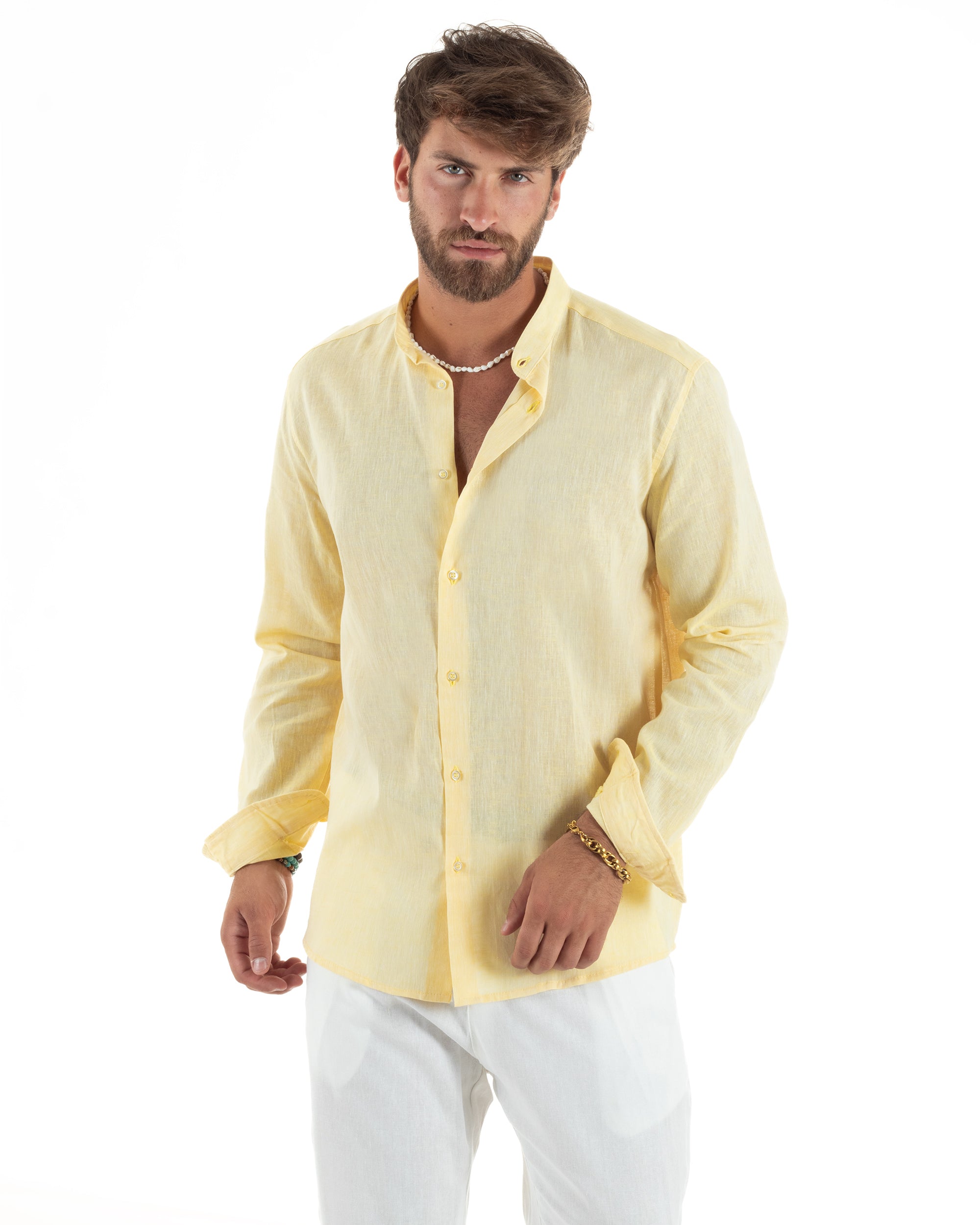 Camicia Lino Melangiata Collo Coreano Sartoriale C3007A