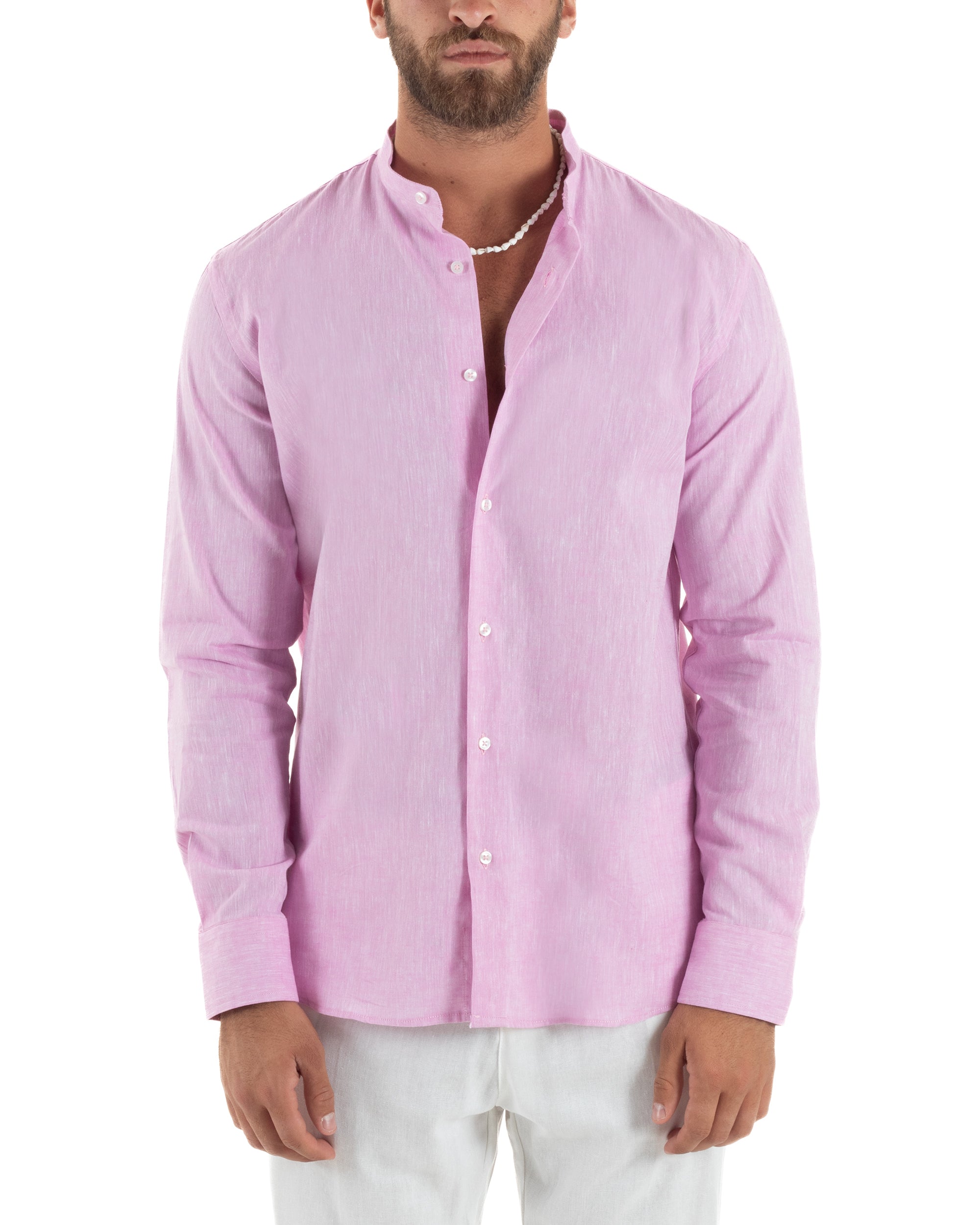 Camicia Uomo Lino Sartoriale Collo Coreano Melangiata Rosa C3008A