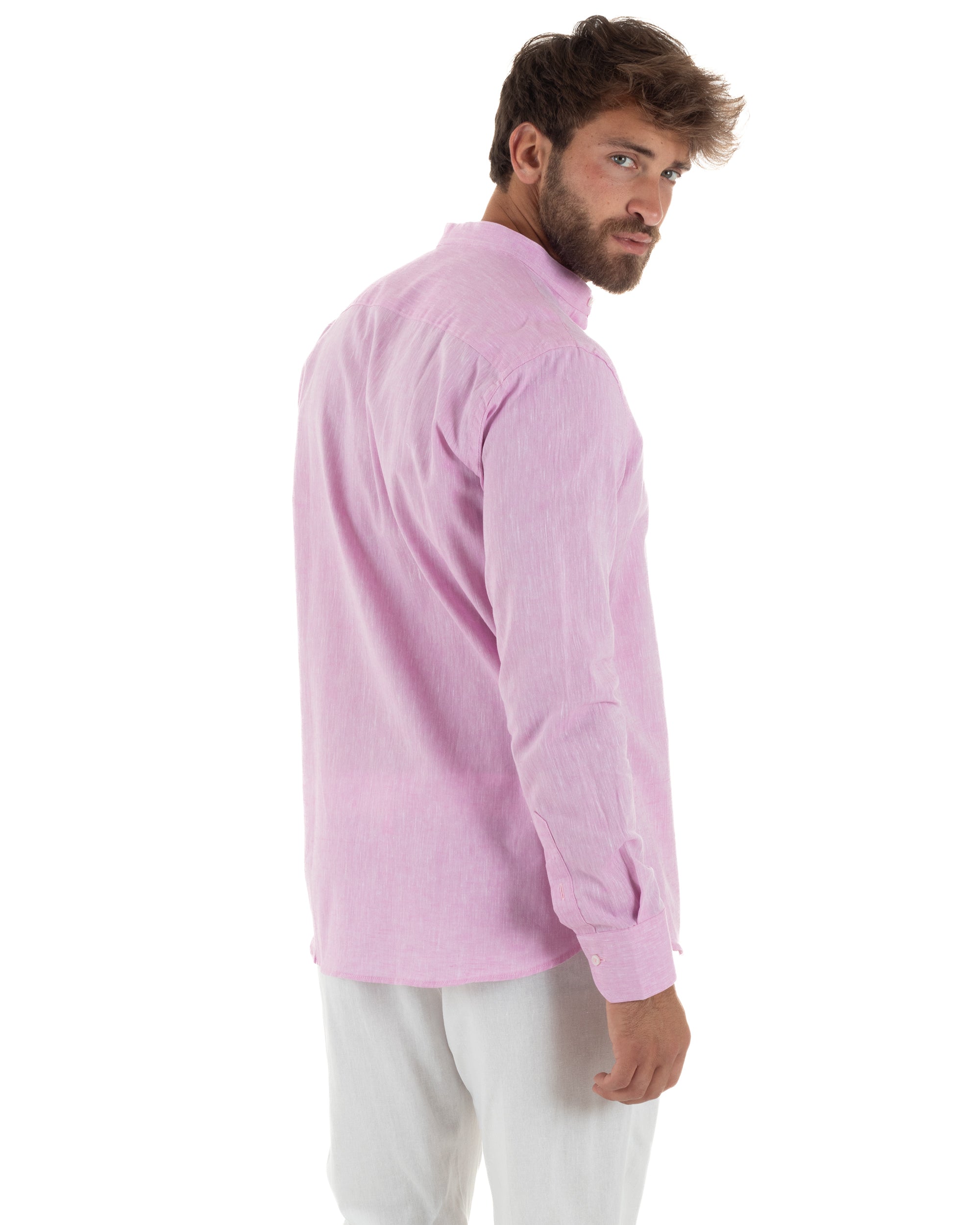 Camicia Uomo Lino Sartoriale Collo Coreano Melangiata Rosa C3008A