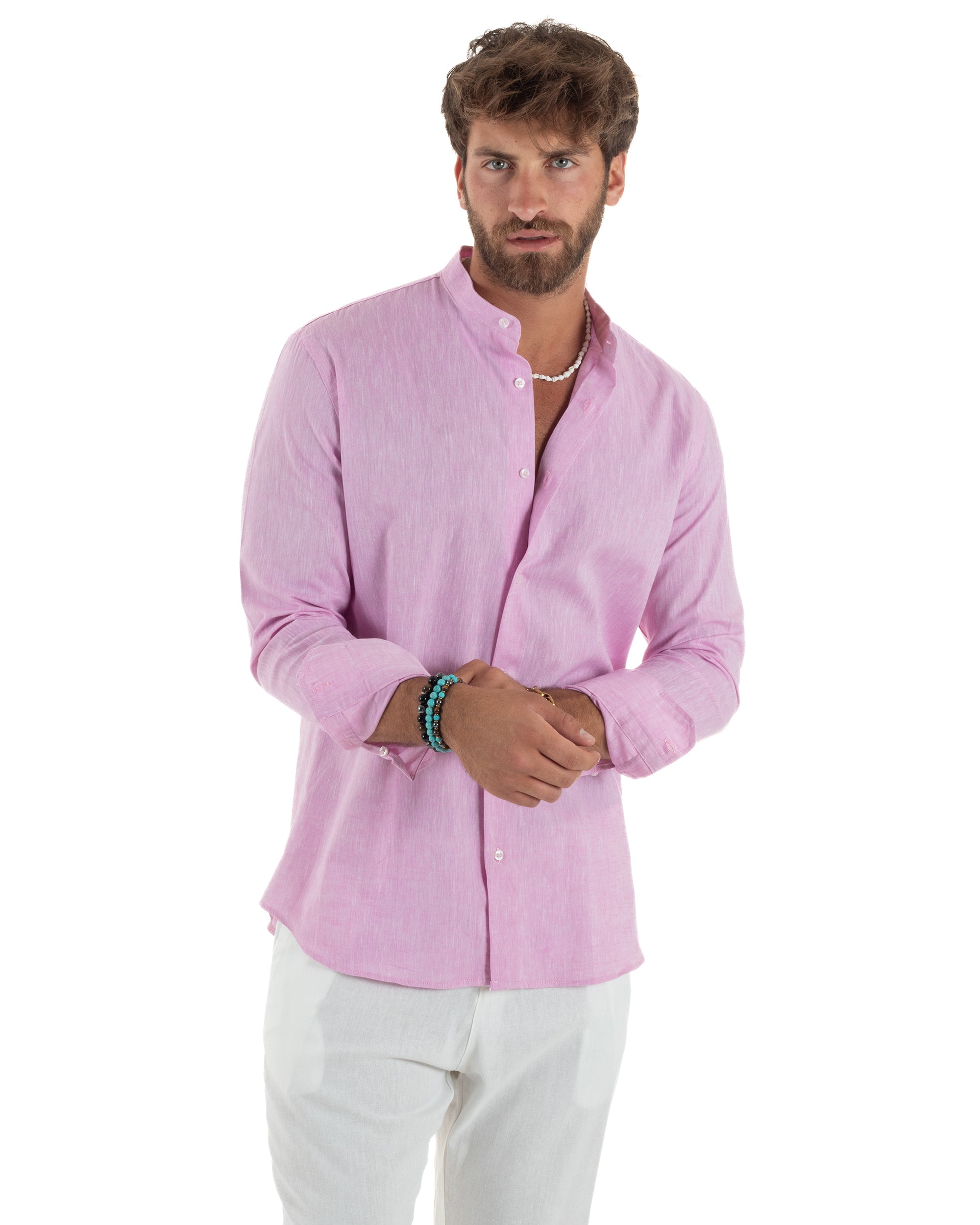 Camicia Uomo Lino Sartoriale Collo Coreano Melangiata Rosa C3008A