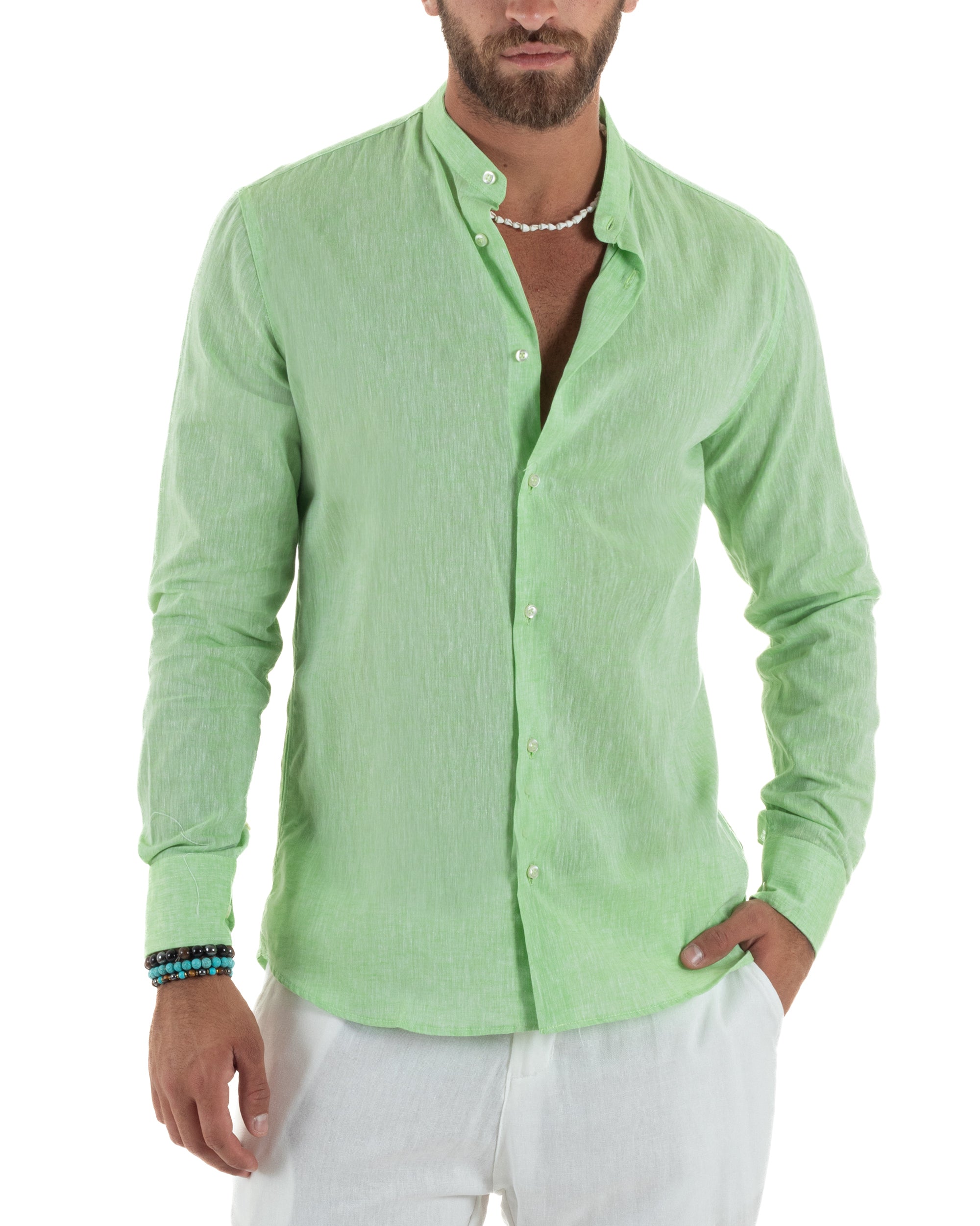 Camicia Lino Melangiata Collo Coreano Sartoriale C3010A