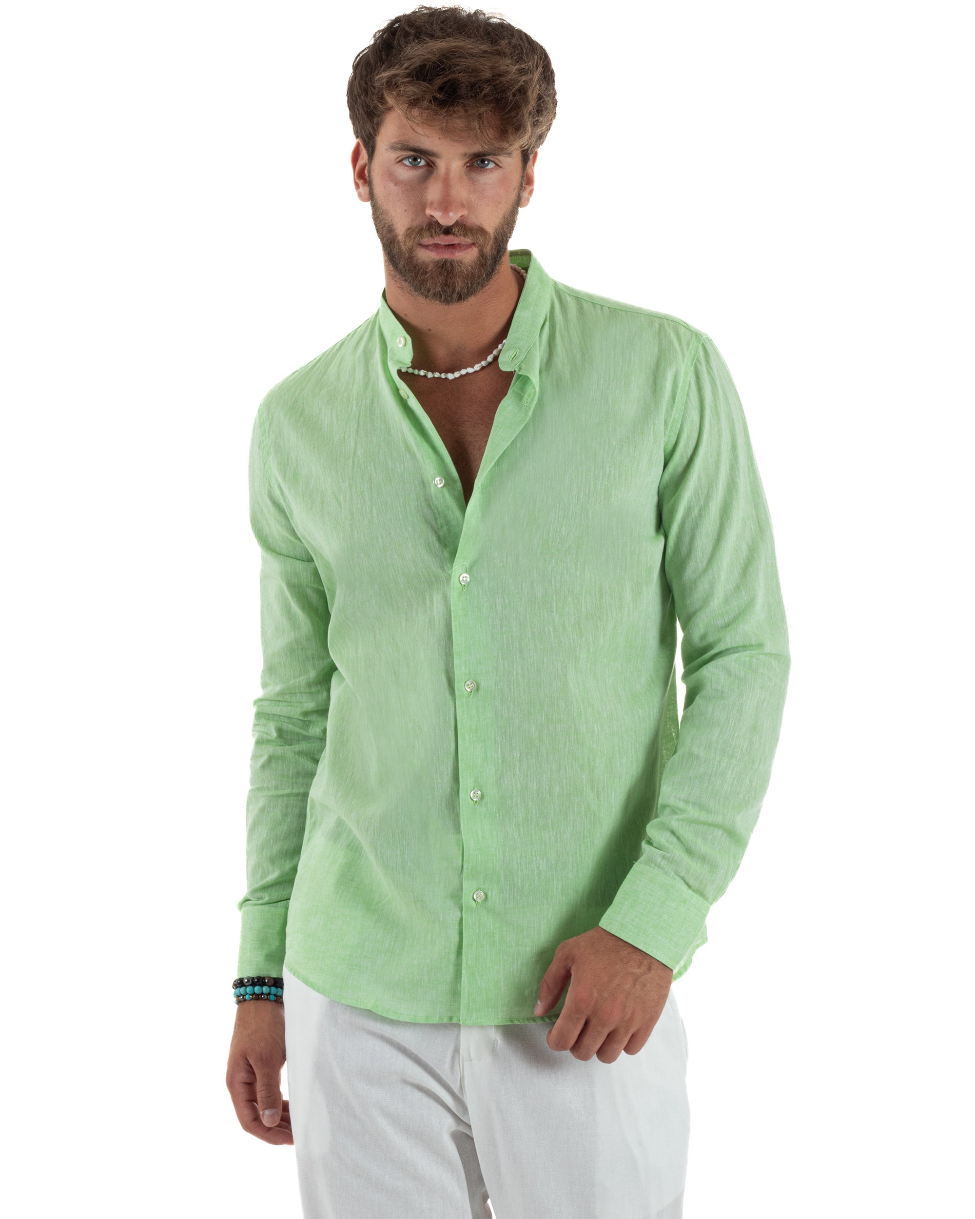 Camicia Lino Melangiata Collo Coreano Sartoriale C3010A