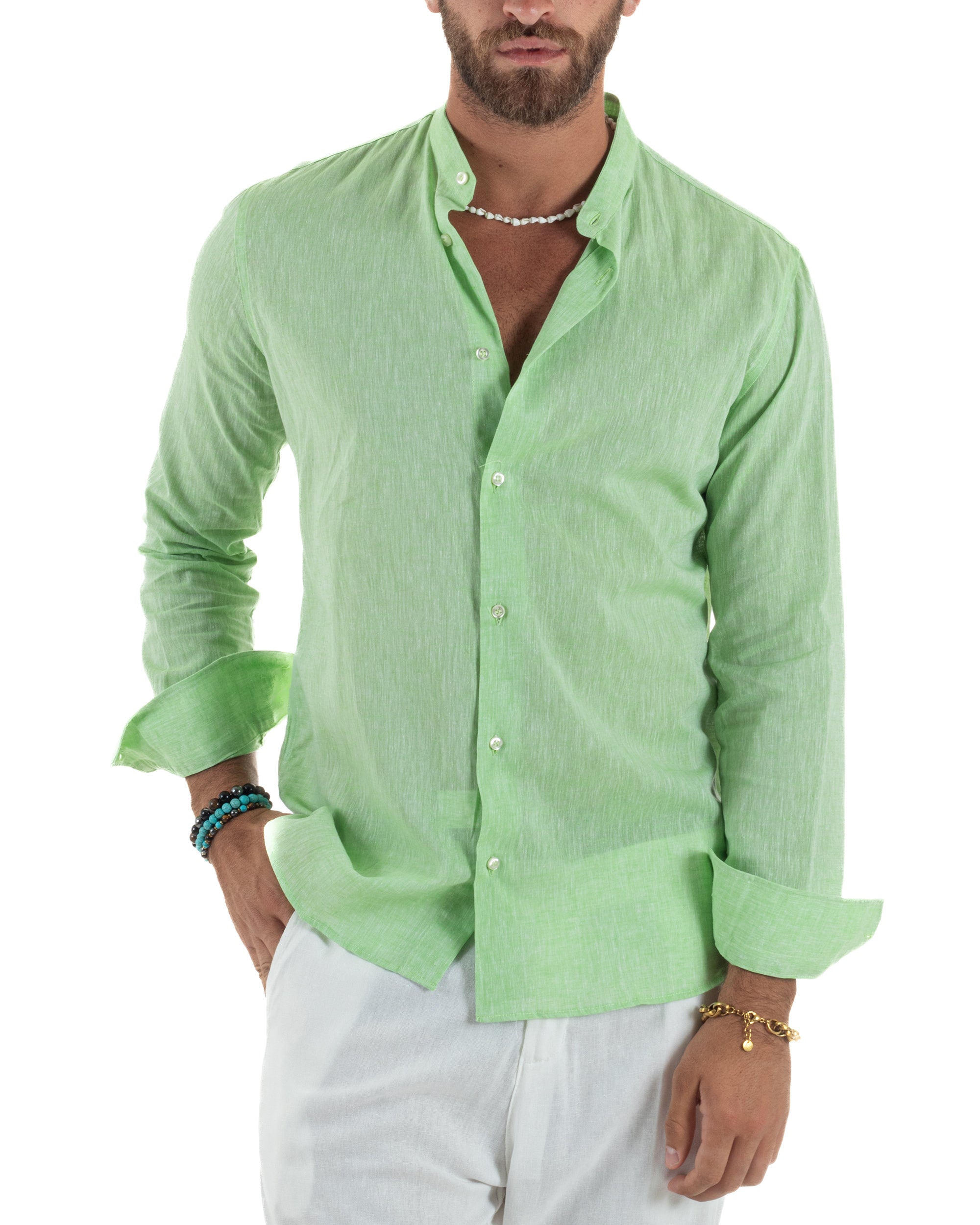 Camicia Lino Melangiata Collo Coreano Sartoriale C3010A