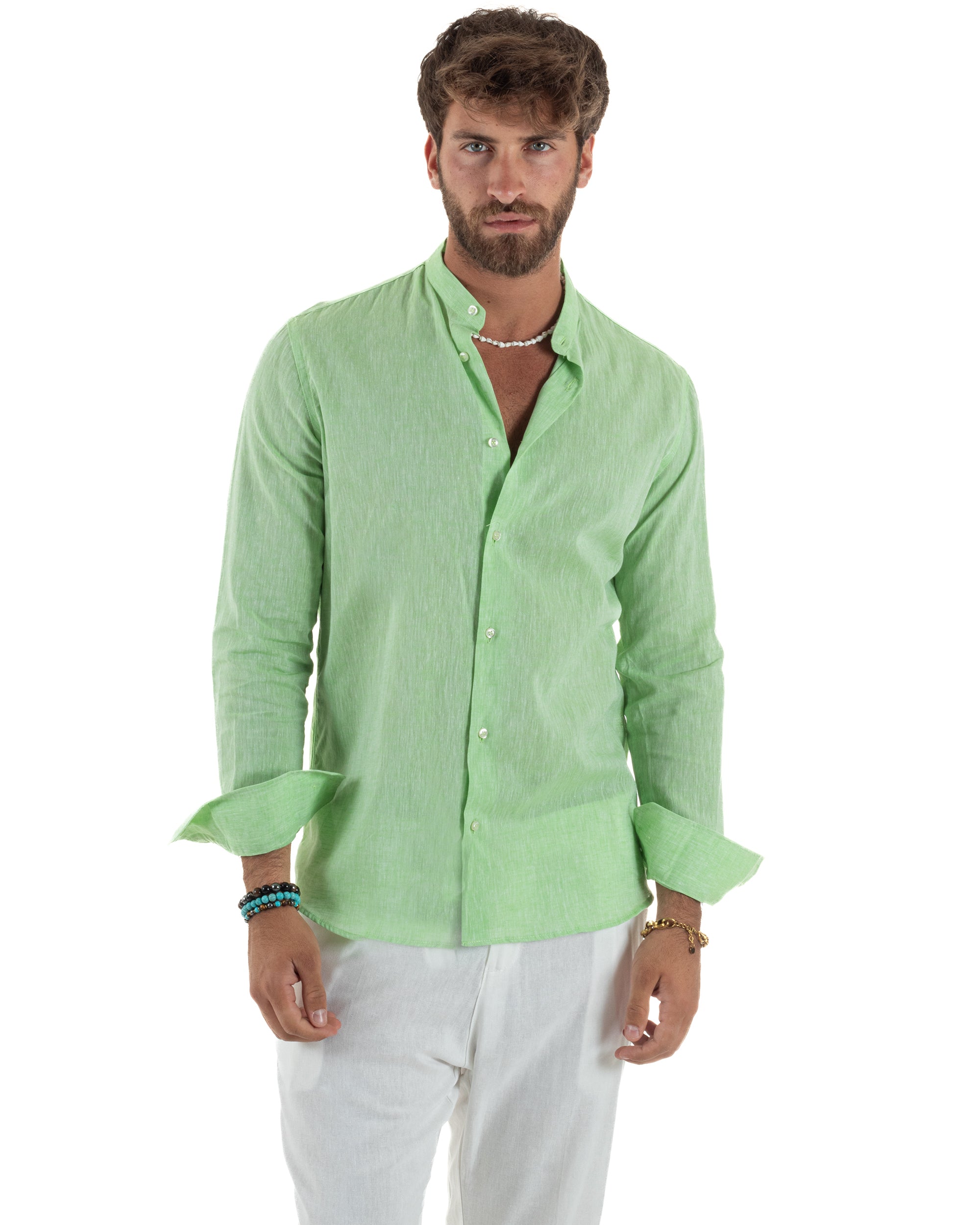 Camicia Lino Melangiata Collo Coreano Sartoriale C3010A