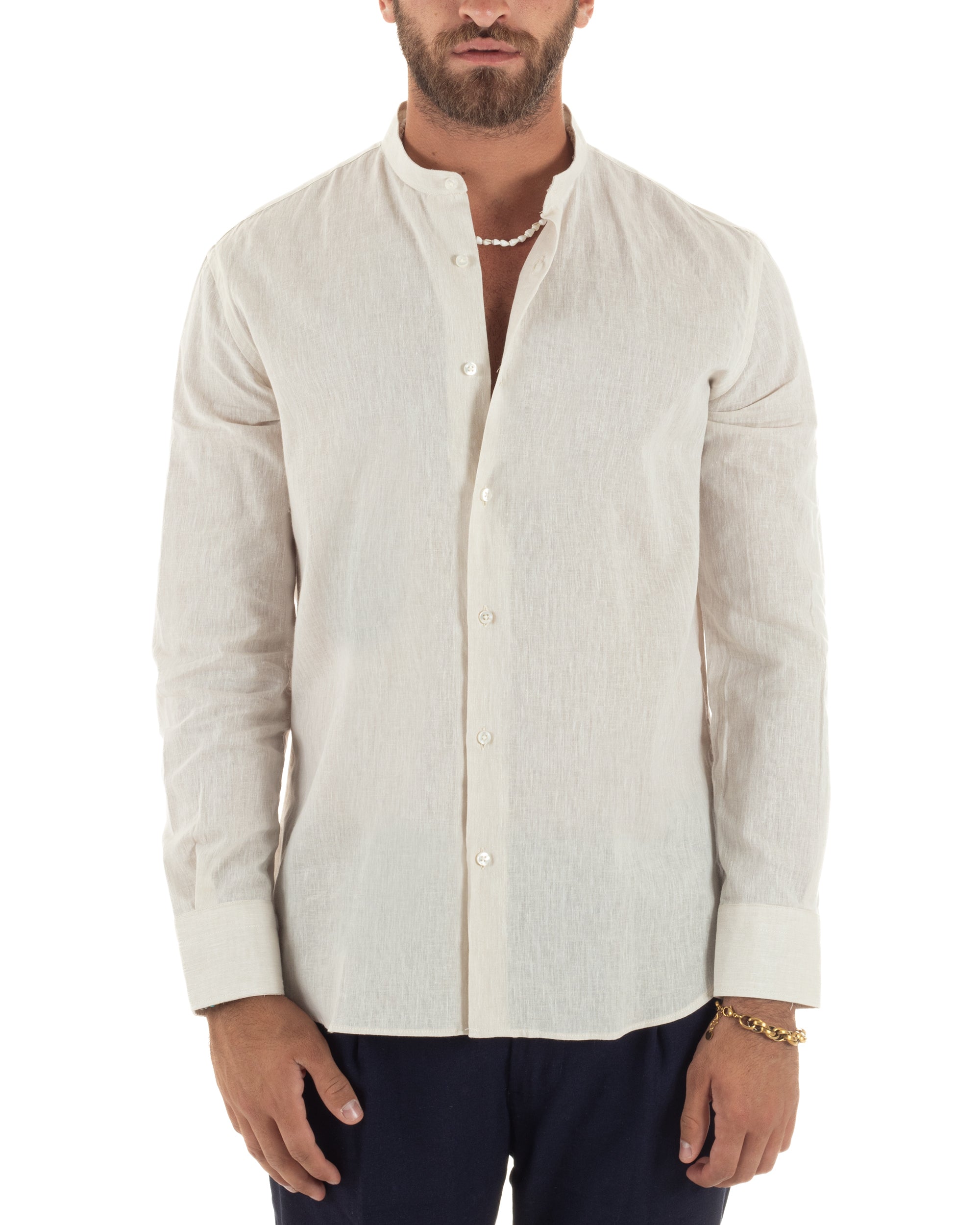Camicia Lino Melangiata Collo Coreano Sartoriale C3011A