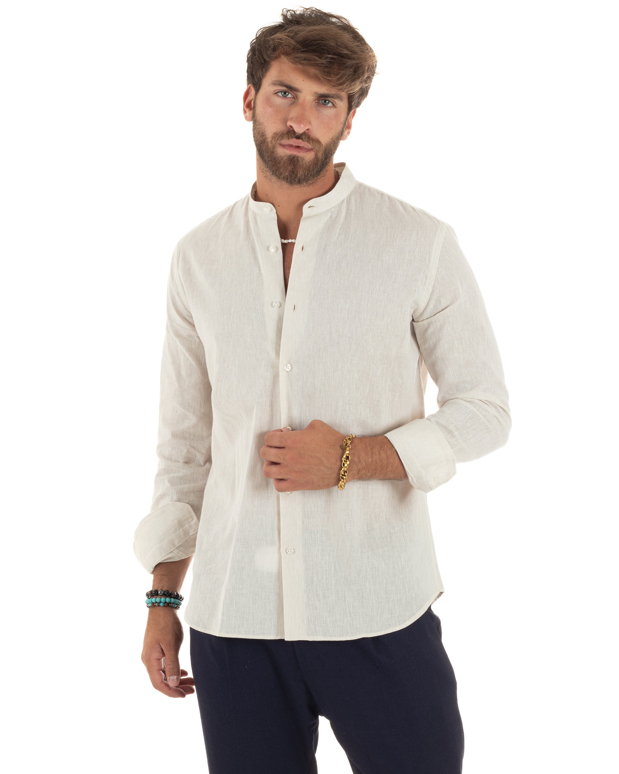 Camicia Lino Melangiata Collo Coreano Sartoriale C3011A