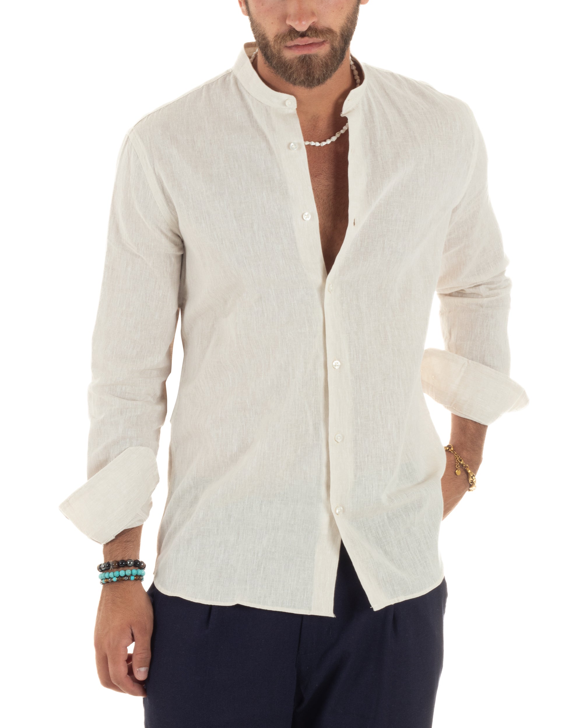 Camicia Lino Melangiata Collo Coreano Sartoriale C3011A