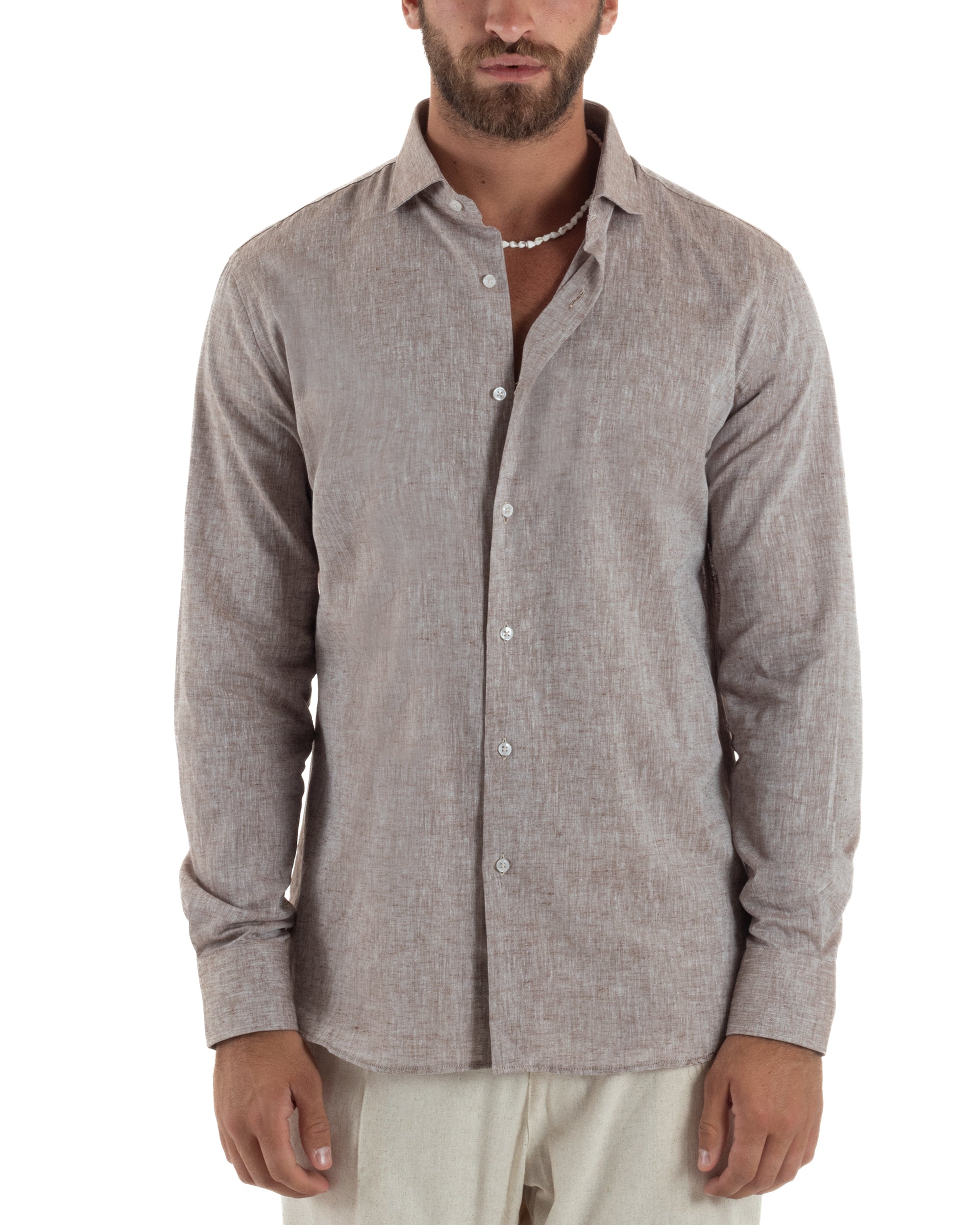 Camicia Uomo Lino Melangiata Colletto Francese Sartoriale Fango GIOSAL-C3012A
