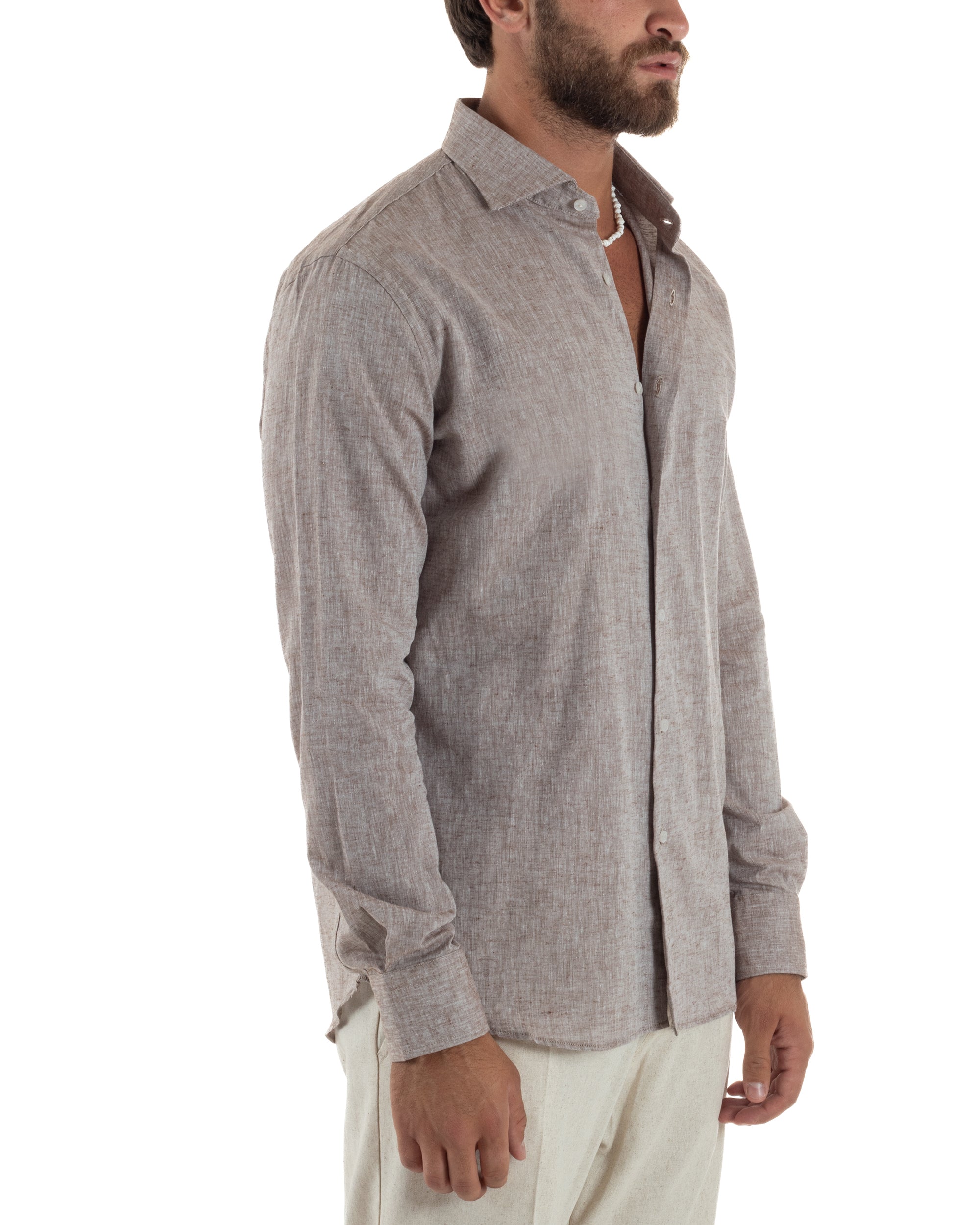 Camicia Uomo Lino Melangiata Colletto Francese Sartoriale Fango GIOSAL-C3012A