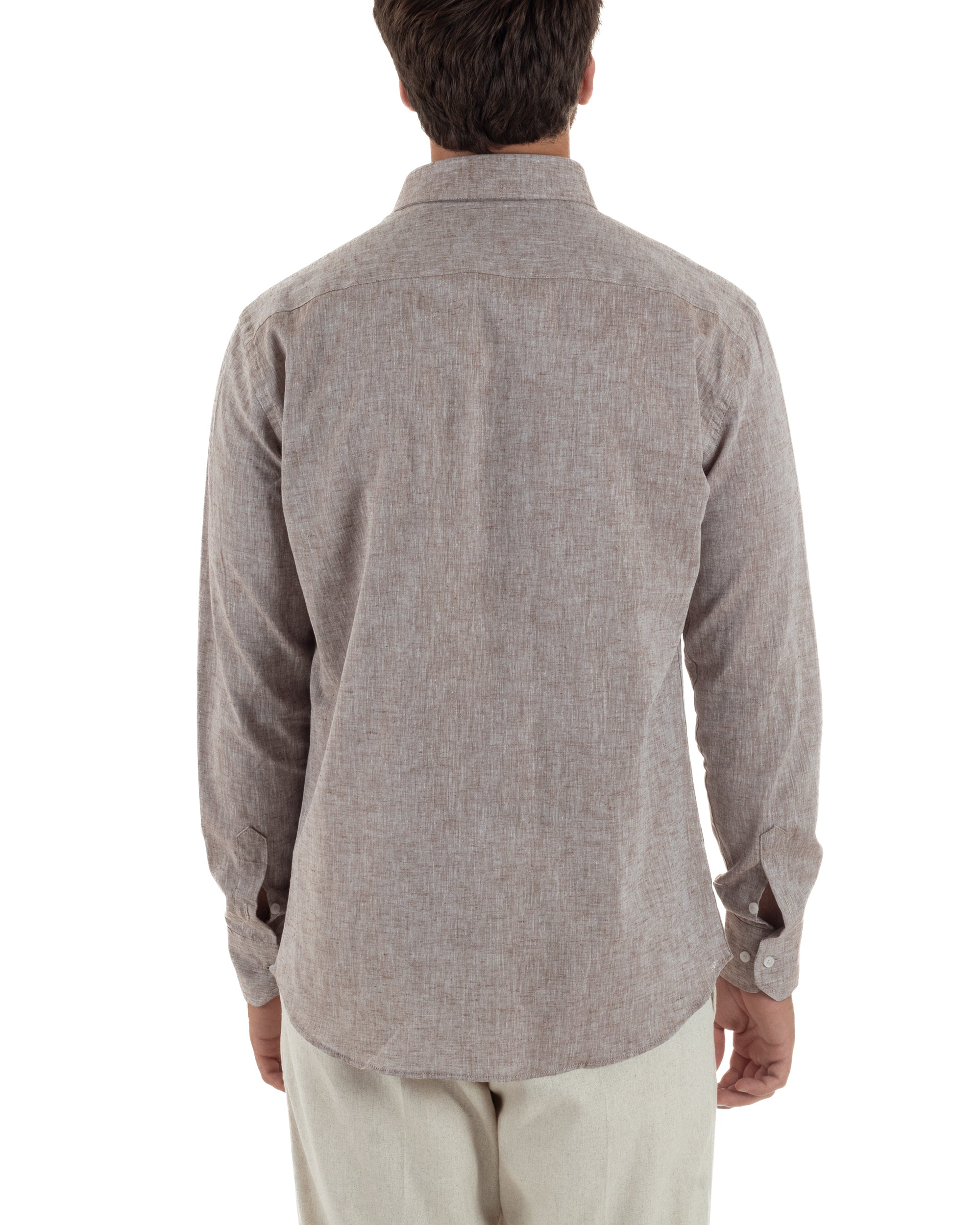 Camicia Uomo Lino Melangiata Colletto Francese Sartoriale Fango GIOSAL-C3012A