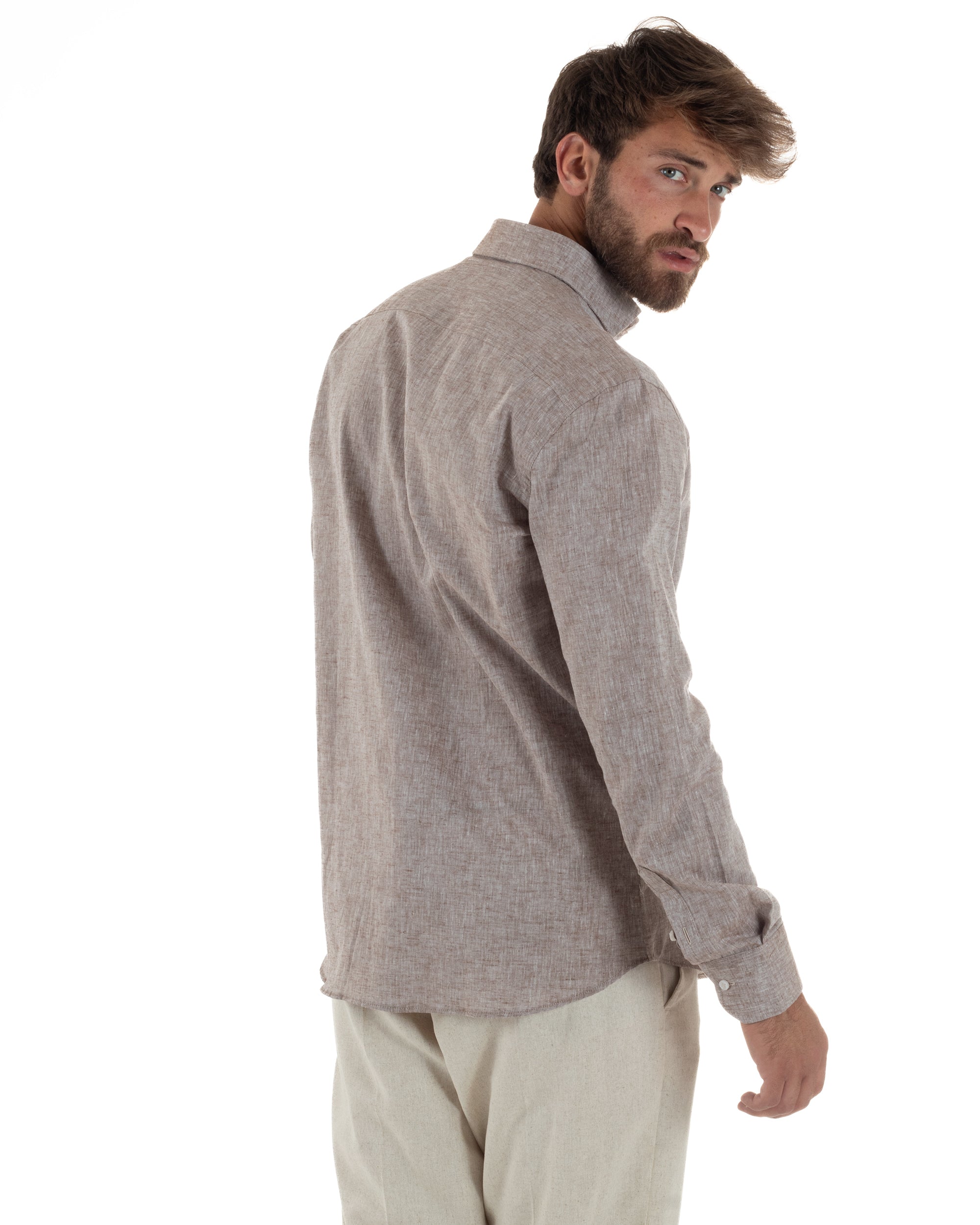 Camicia Uomo Lino Melangiata Colletto Francese Sartoriale Fango GIOSAL-C3012A