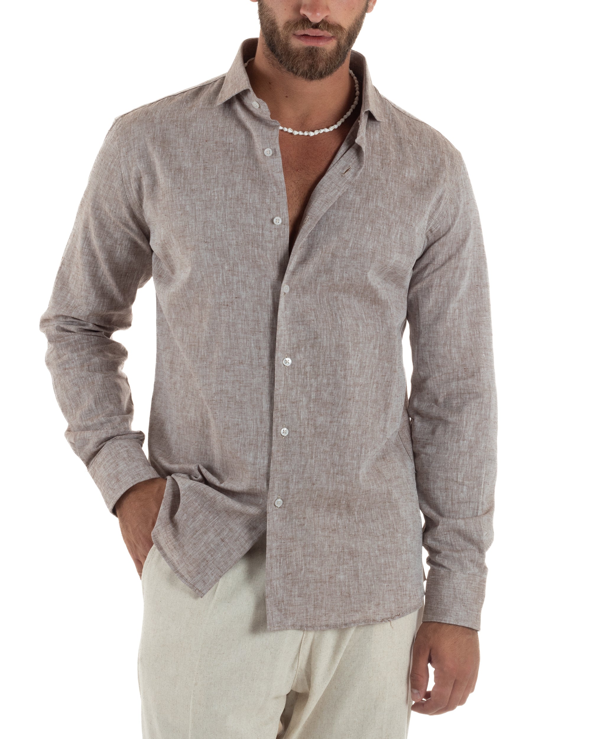 Camicia Uomo Lino Melangiata Colletto Francese Sartoriale Fango GIOSAL-C3012A