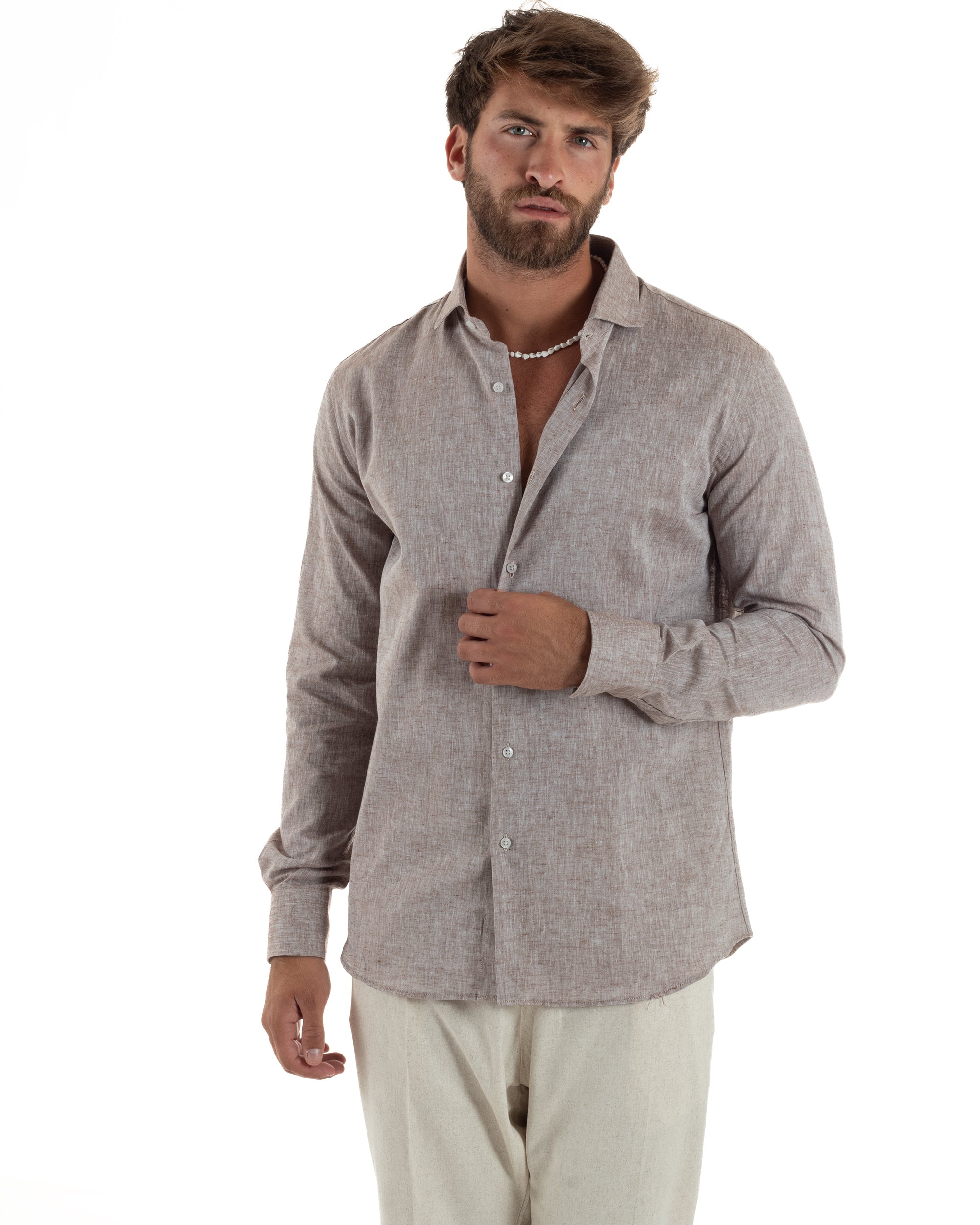 Camicia Uomo Lino Melangiata Colletto Francese Sartoriale Fango GIOSAL-C3012A