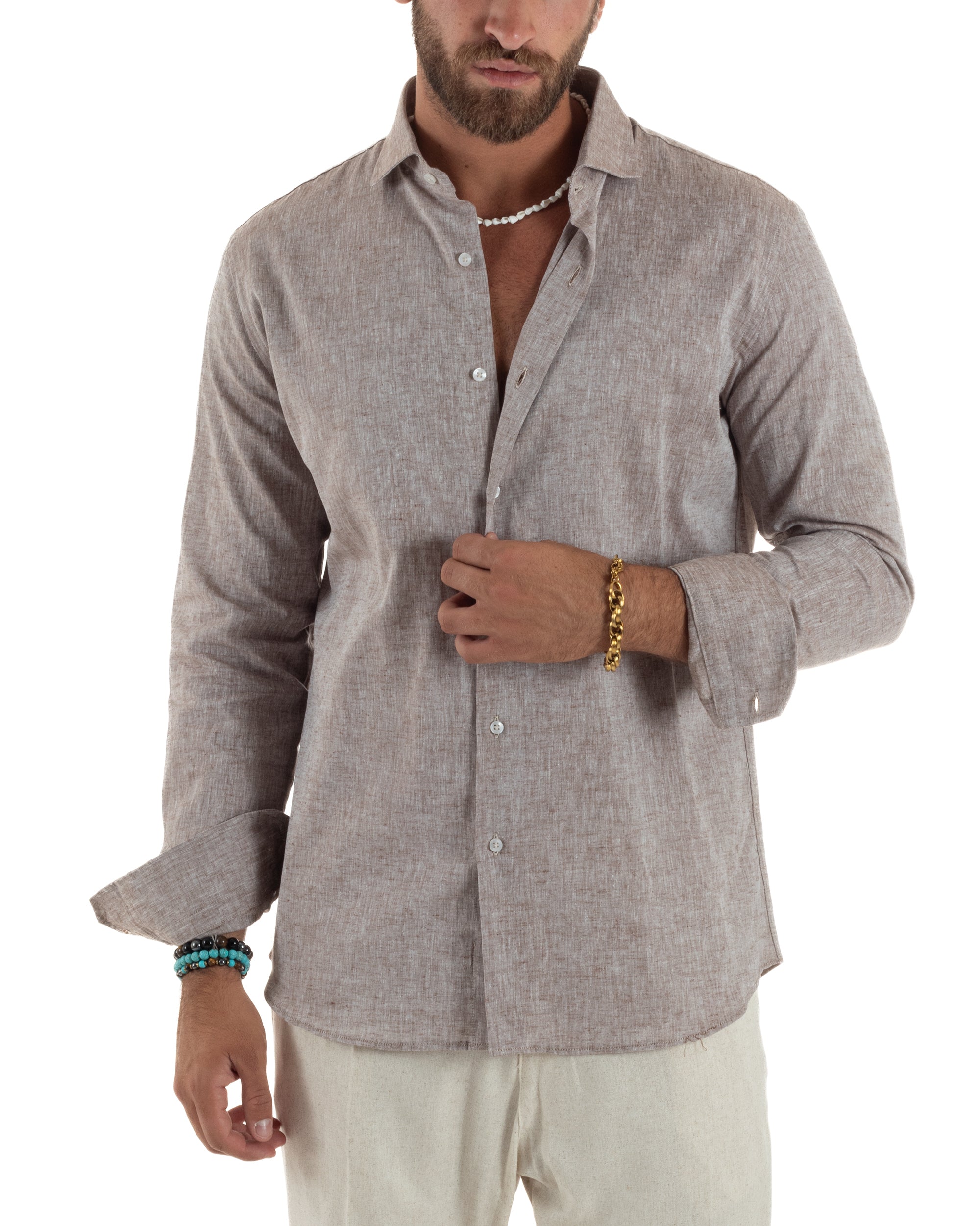 Camicia Uomo Lino Melangiata Colletto Francese Sartoriale Fango GIOSAL-C3012A