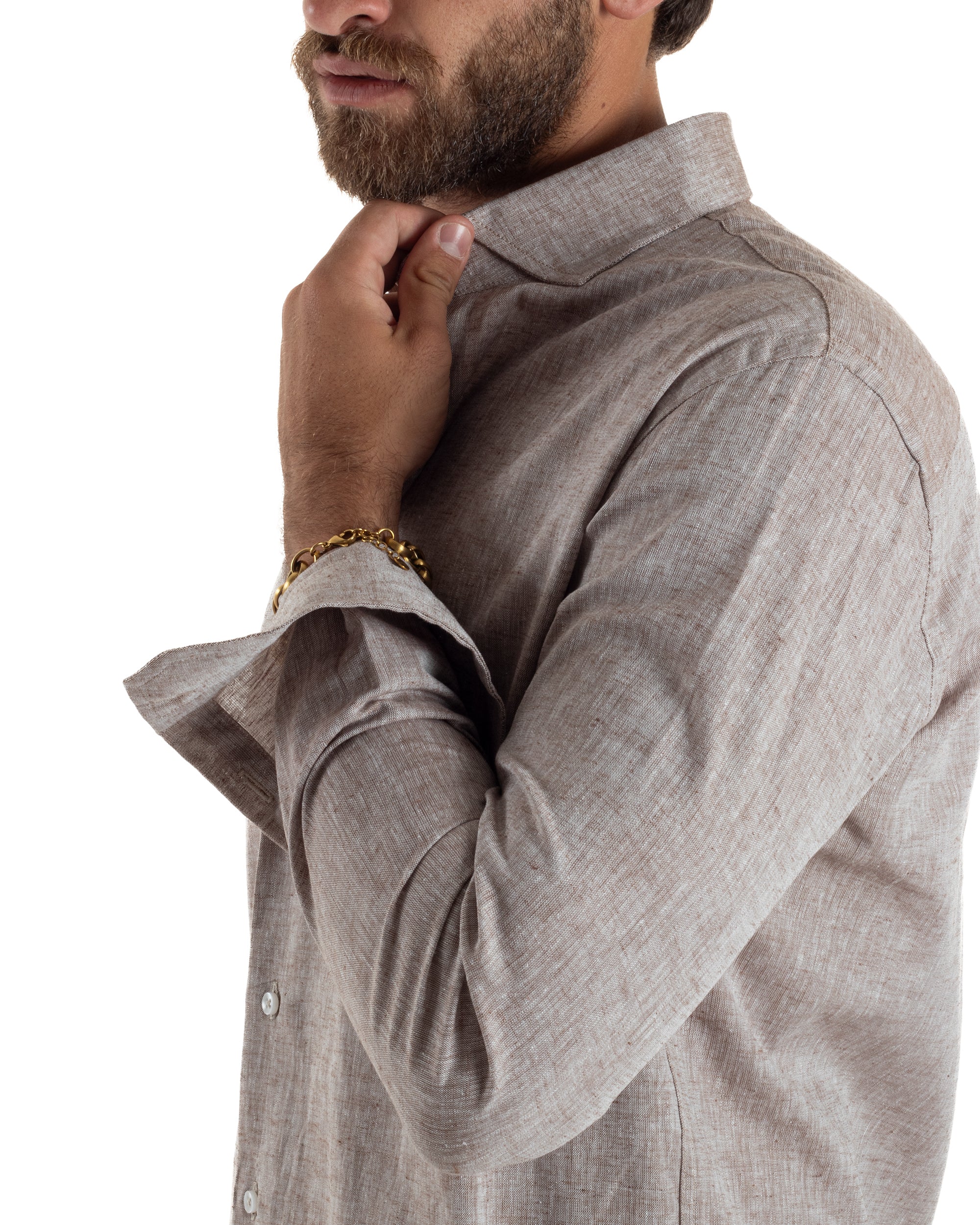 Camicia Uomo Lino Melangiata Colletto Francese Sartoriale Fango GIOSAL-C3012A