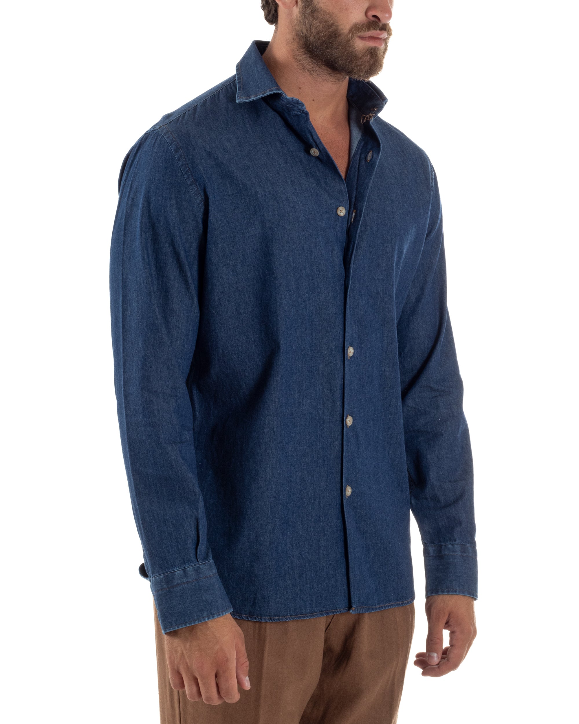 Camicia Jeans Collo Francese Cotone Denim Scuro C3013A