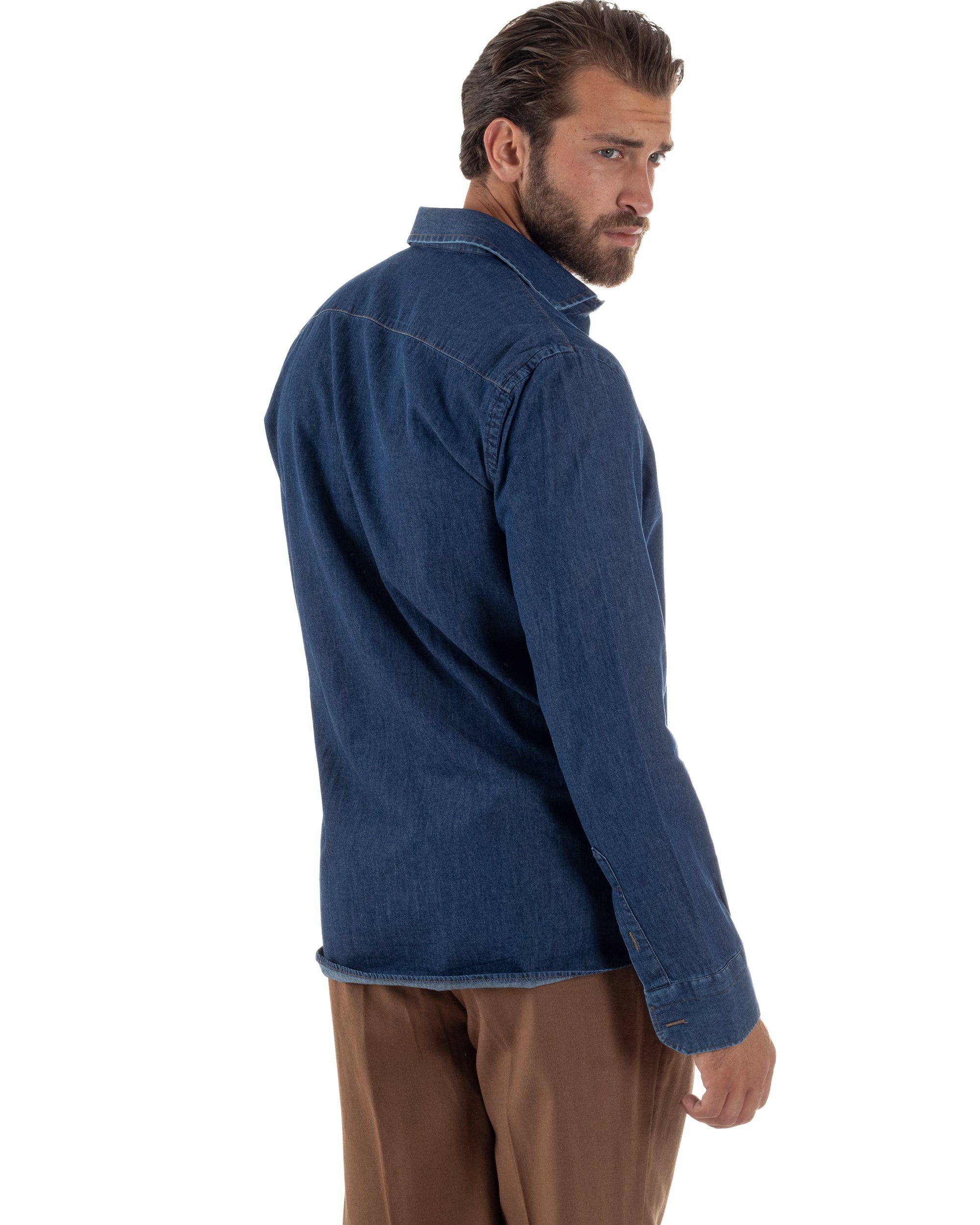 Dunkelblaues Jeanshemd aus Baumwoll-Denim mit französischem Kragen C3013A