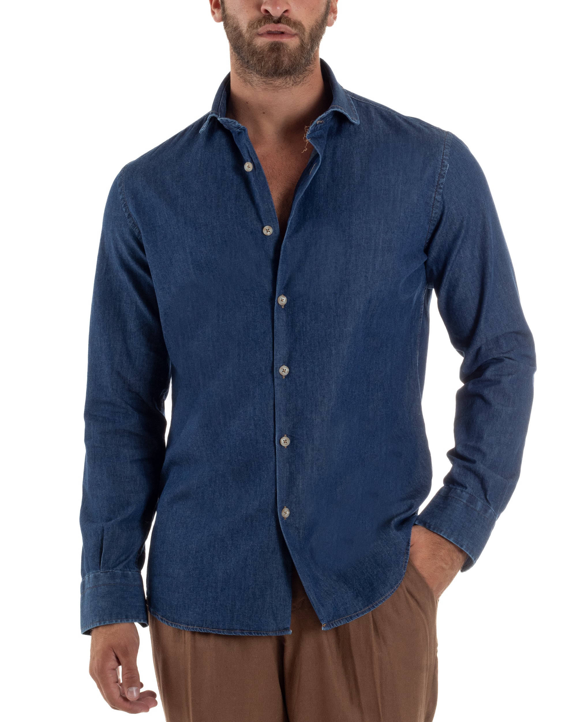 Camicia Jeans Collo Francese Cotone Denim Scuro C3013A