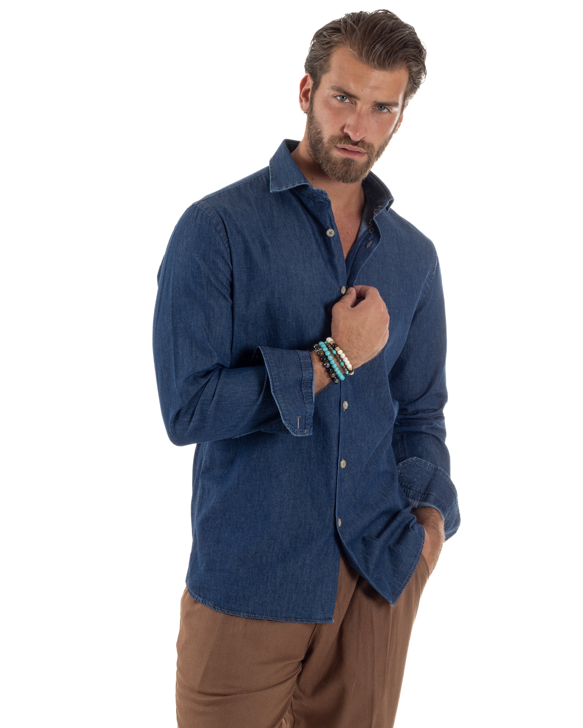 Camicia Jeans Collo Francese Cotone Denim Scuro C3013A