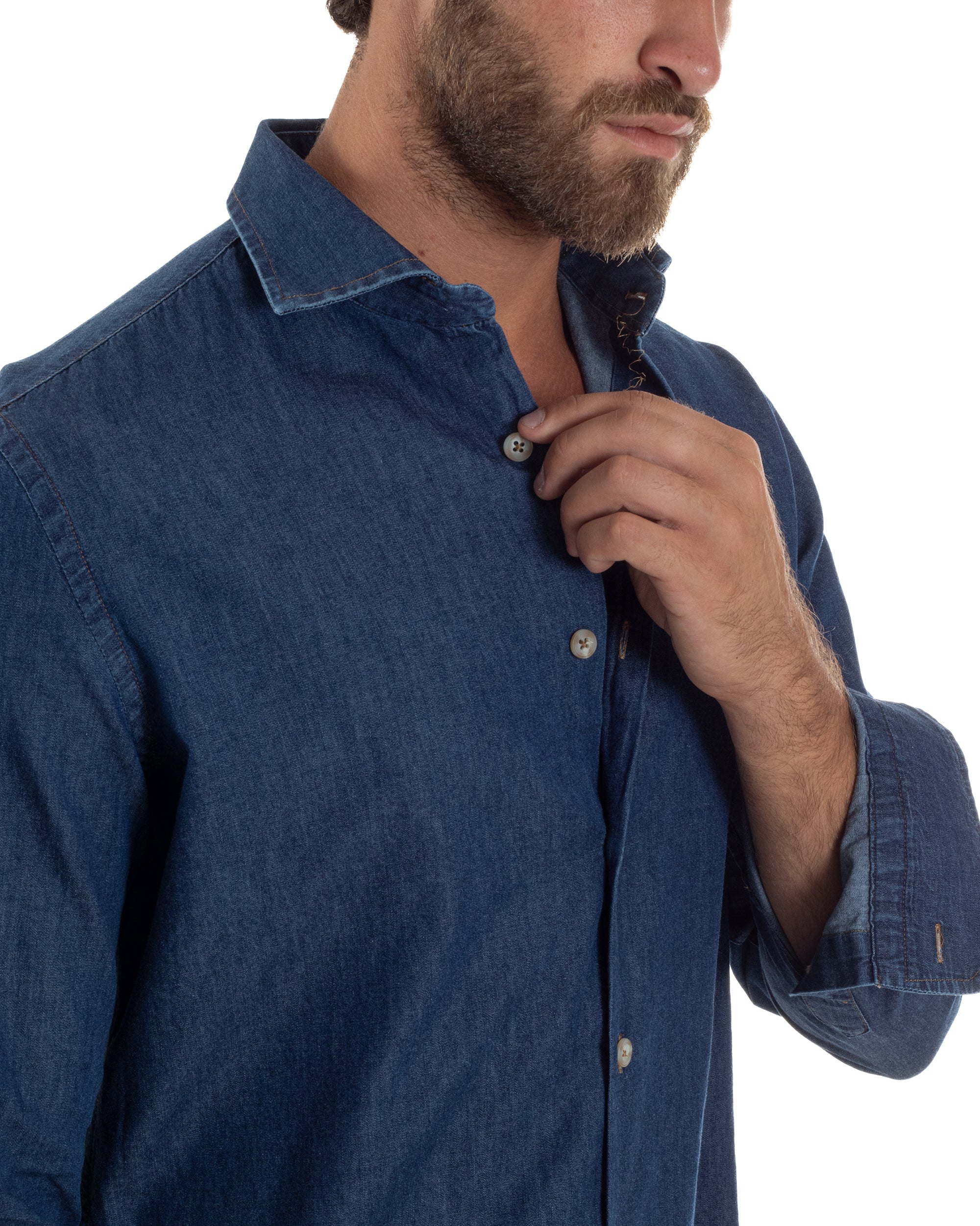 Camicia Jeans Collo Francese Cotone Denim Scuro C3013A