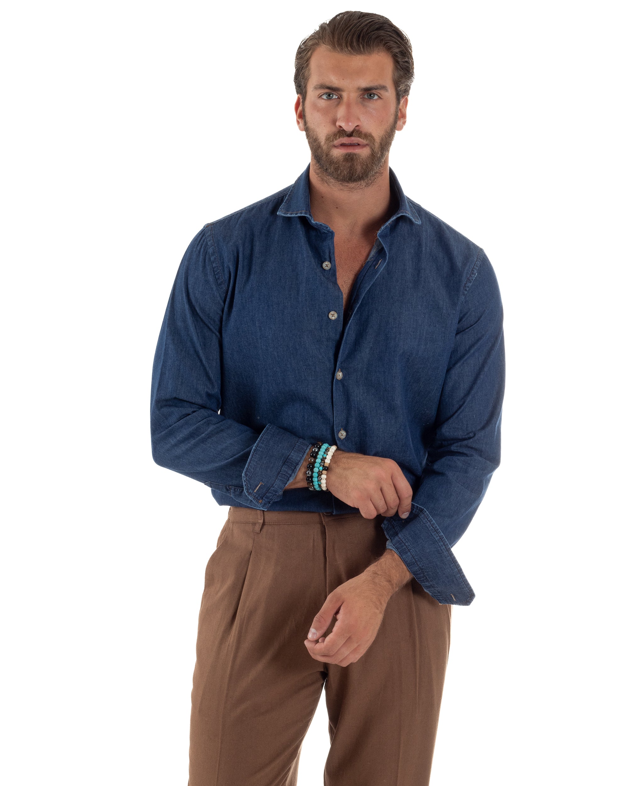 Camicia Jeans Collo Francese Cotone Denim Scuro C3013A