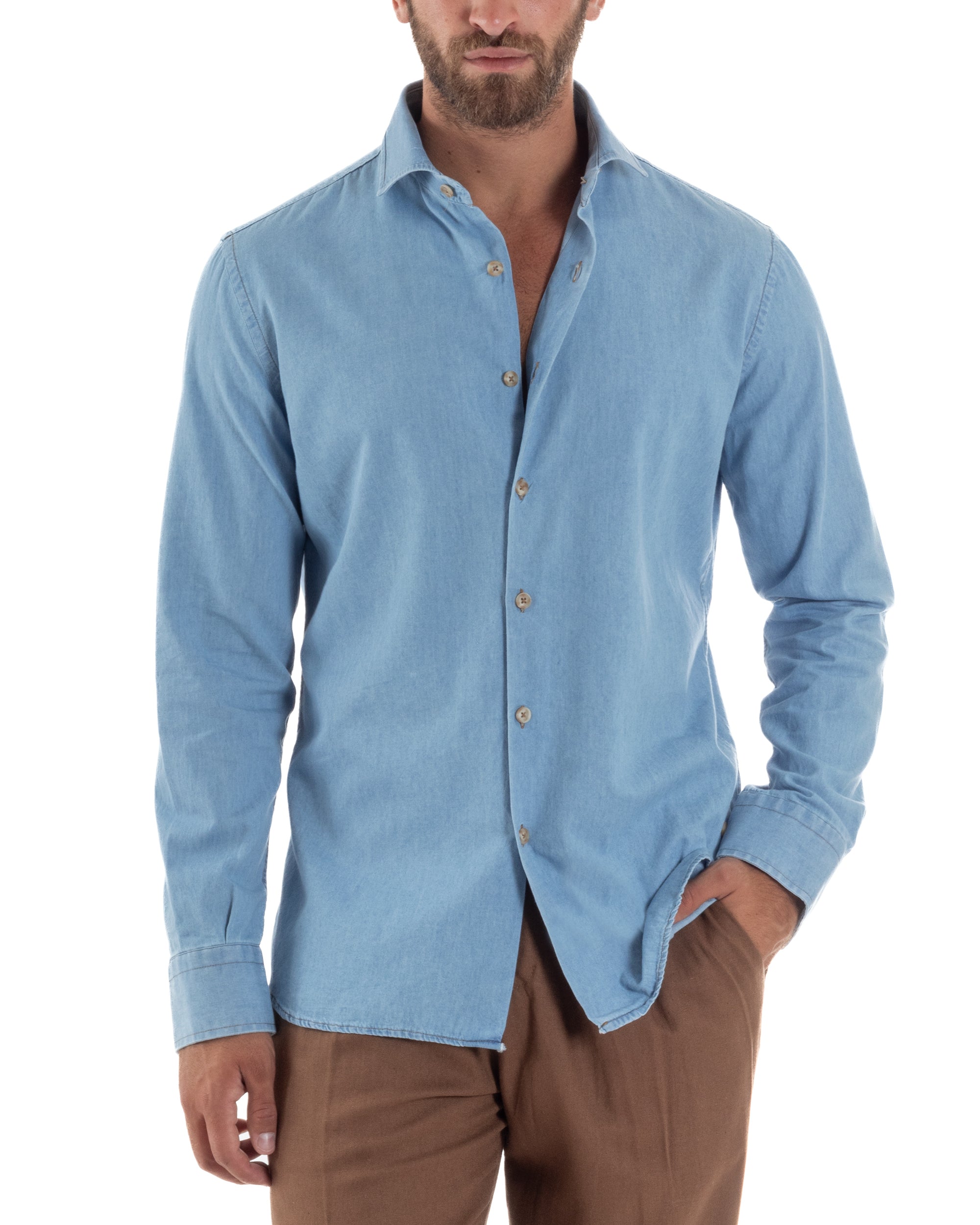 Camicia Jeans Collo Francese Cotone Denim Chiaro C3014A