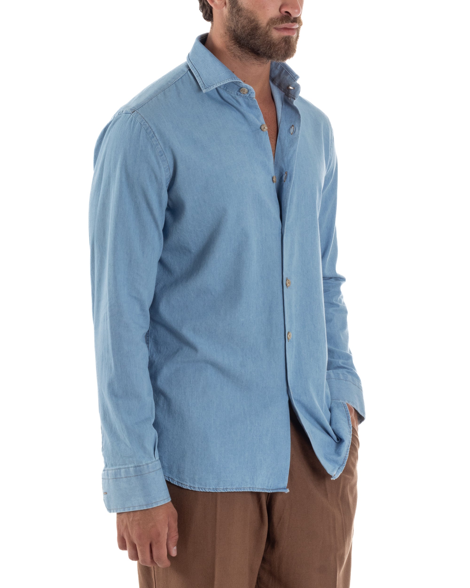 Camicia Jeans Collo Francese Cotone Denim Chiaro C3014A