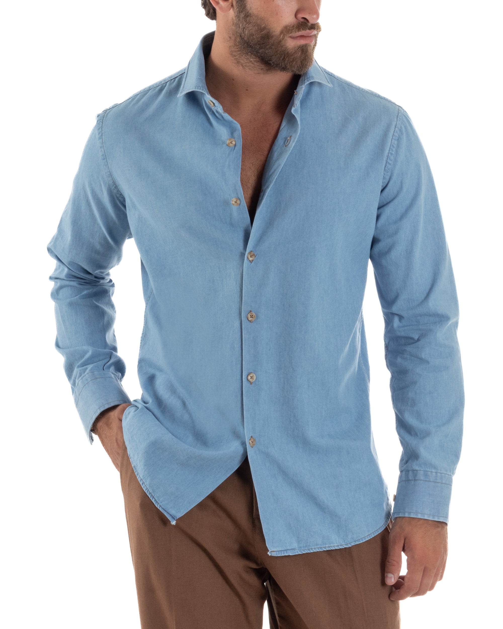 Camicia Jeans Collo Francese Cotone Denim Chiaro C3014A