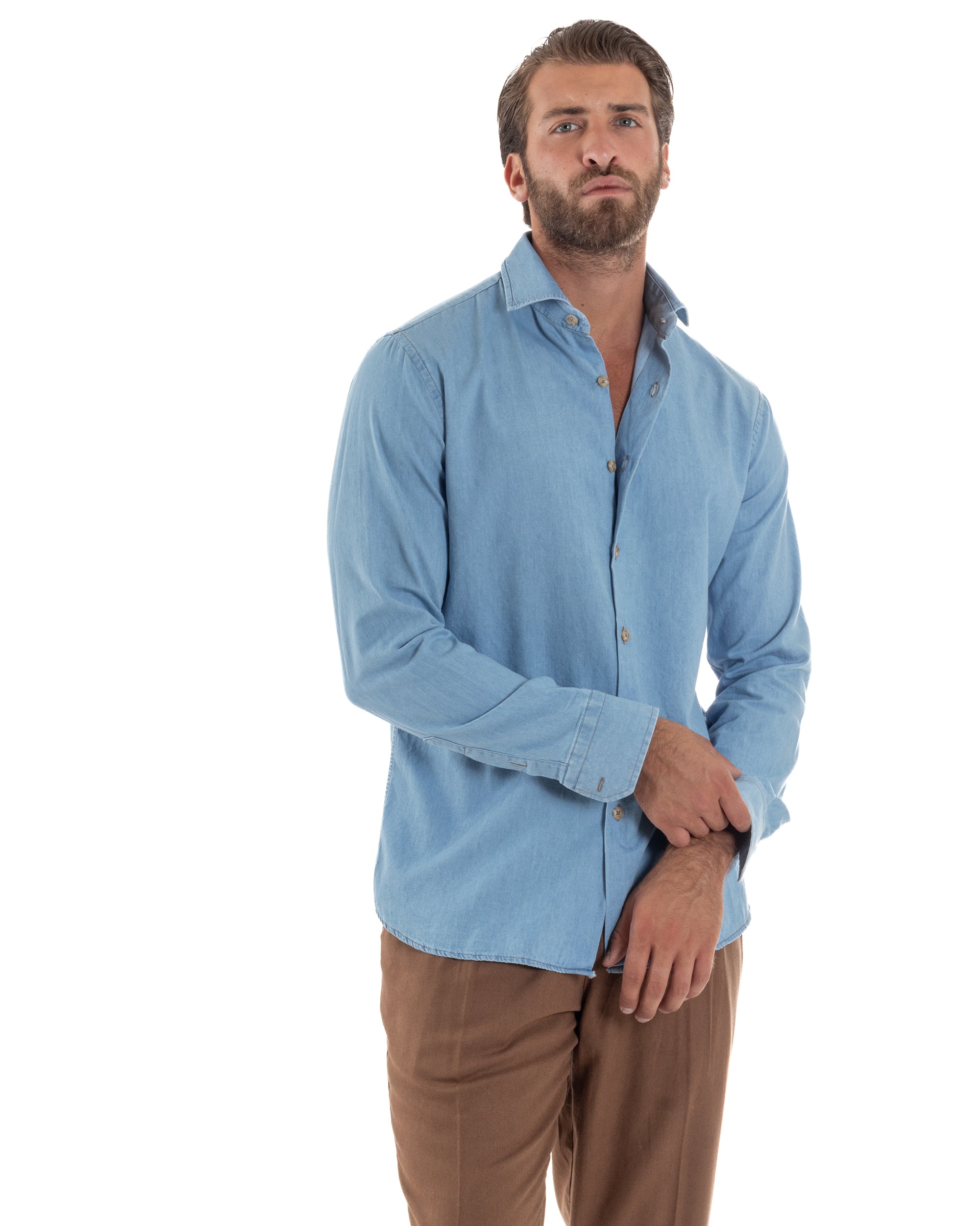 Camicia Jeans Collo Francese Cotone Denim Chiaro C3014A