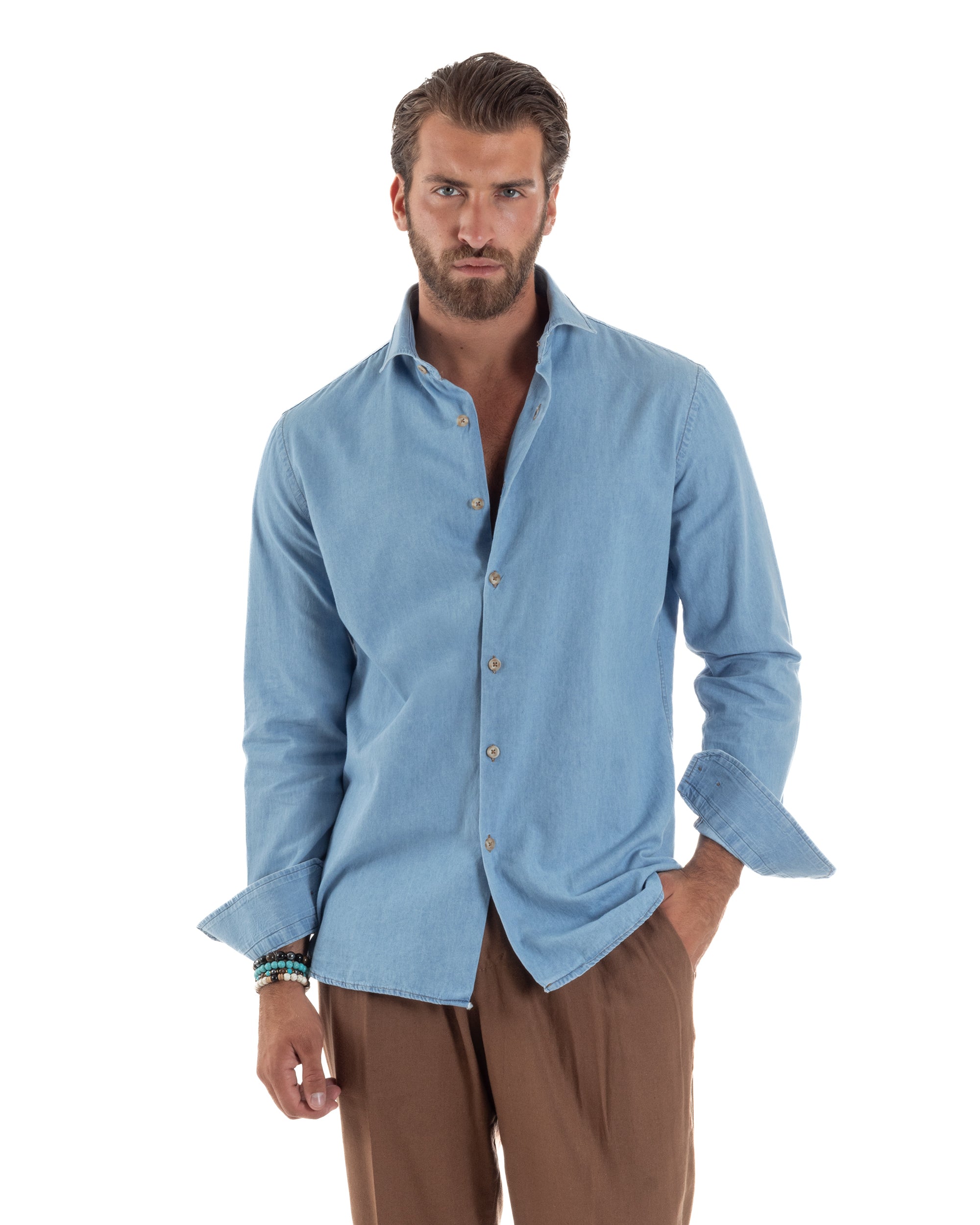 Camicia Jeans Collo Francese Cotone Denim Chiaro C3014A