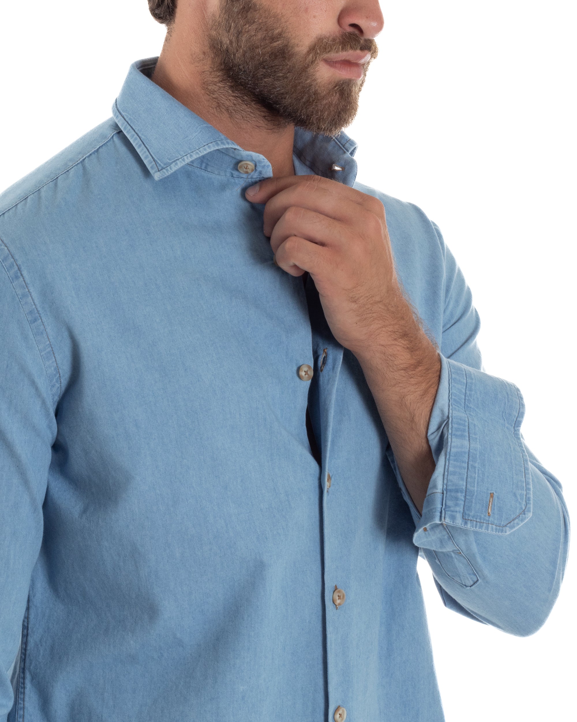 Camicia Jeans Collo Francese Cotone Denim Chiaro C3014A