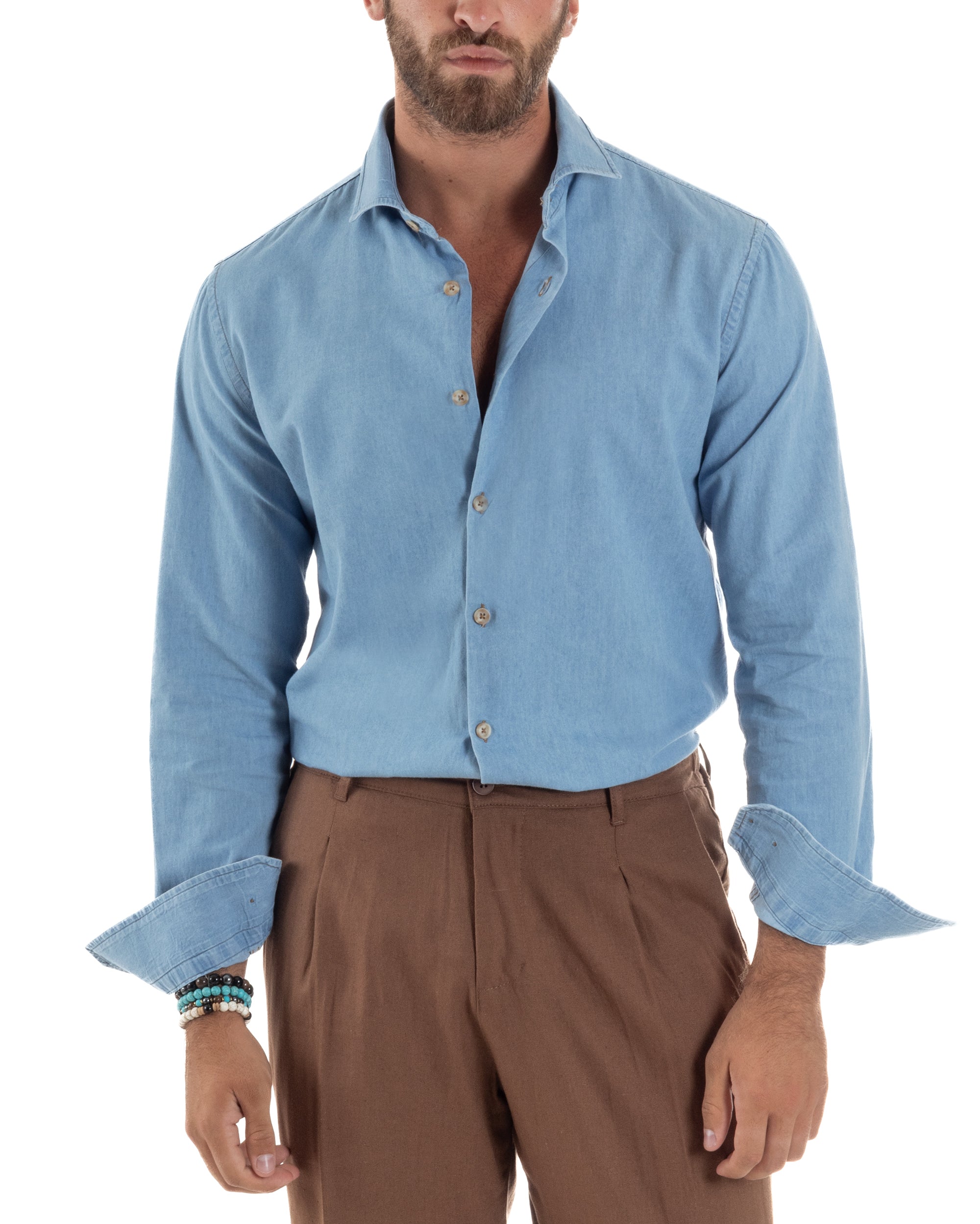 Camicia Jeans Collo Francese Cotone Denim Chiaro C3014A