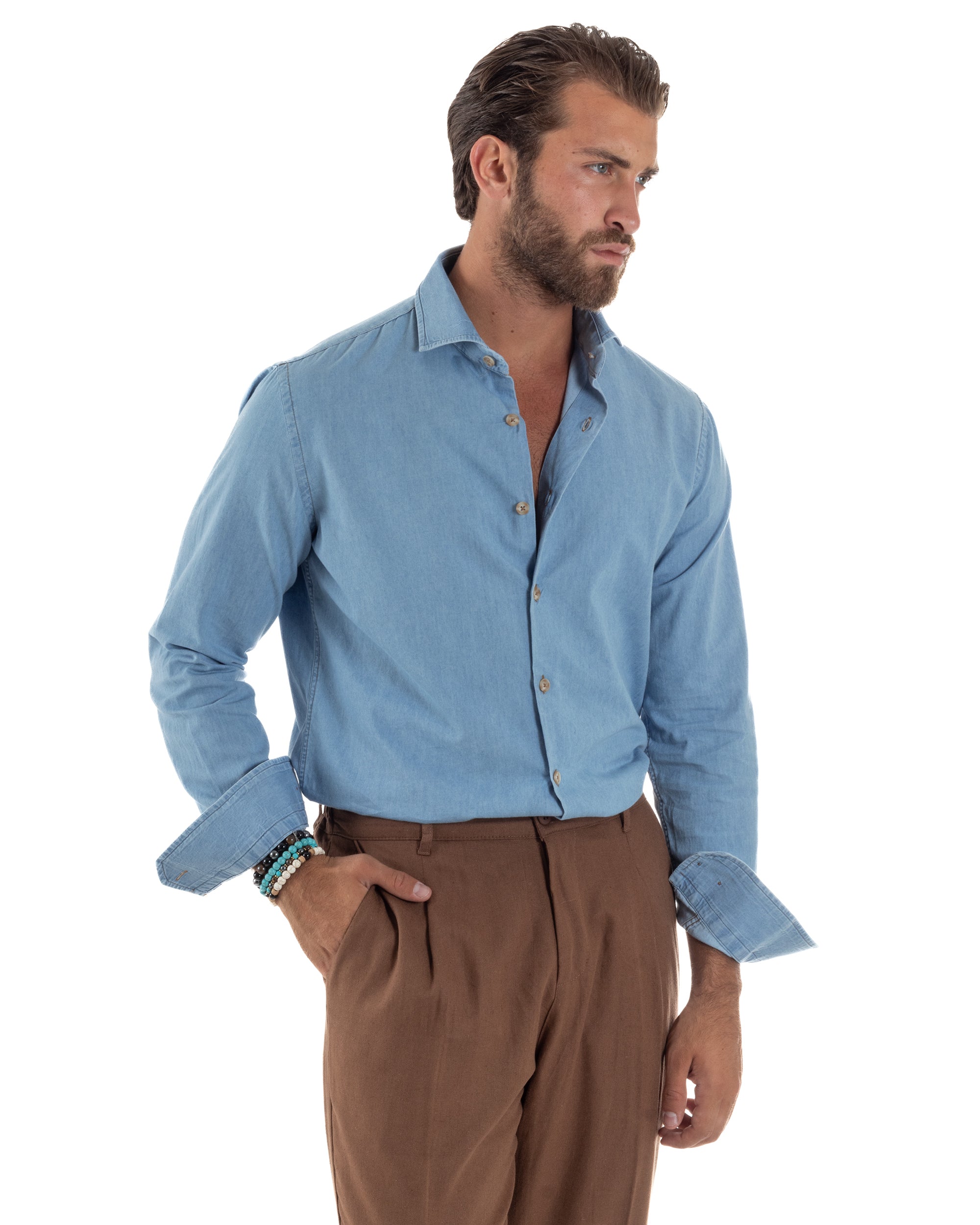 Camicia Jeans Collo Francese Cotone Denim Chiaro C3014A